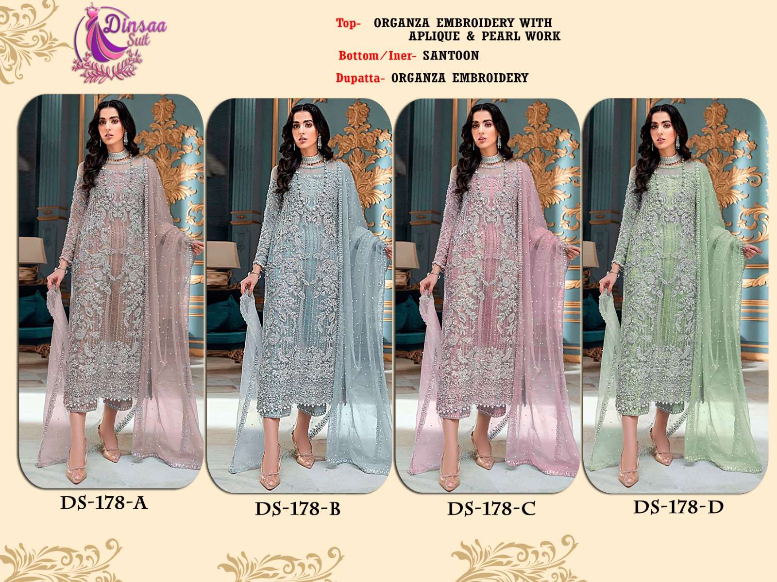 Dinsaa Hit Design 178 Colours By Dinsaa Suits 178-A To 178-D Series Designer Pakistani Suits Beautiful Stylish Fancy Colorful Party Wear & Occasional Wear Organza Embroidered Dresses At Wholesale Price