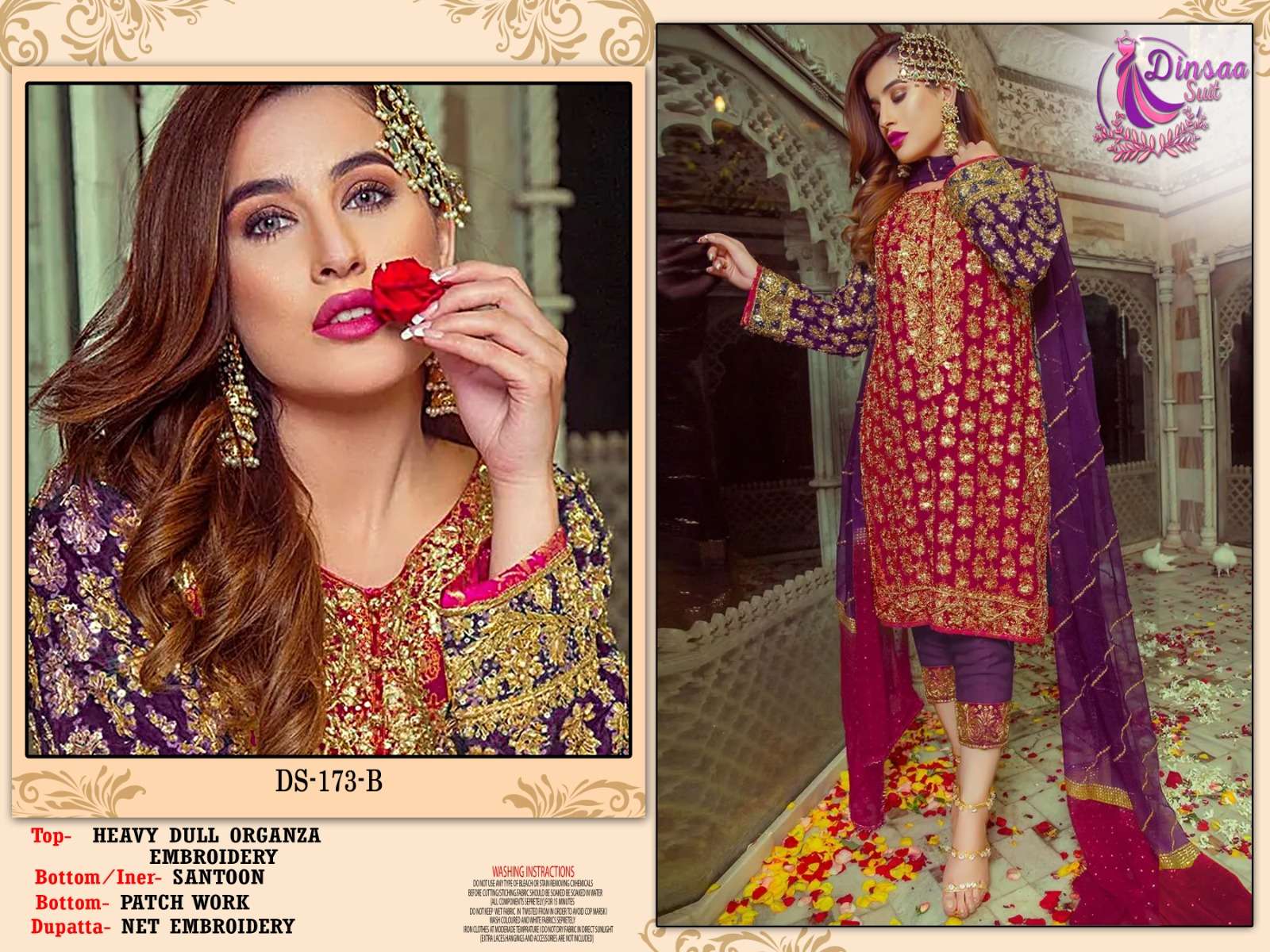 Dinsaa Hit Design 173-B By Dinsaa Suits Designer Pakistani Suits Beautiful Stylish Fancy Colorful Party Wear & Occasional Wear Organza Embroidered Dresses At Wholesale Price