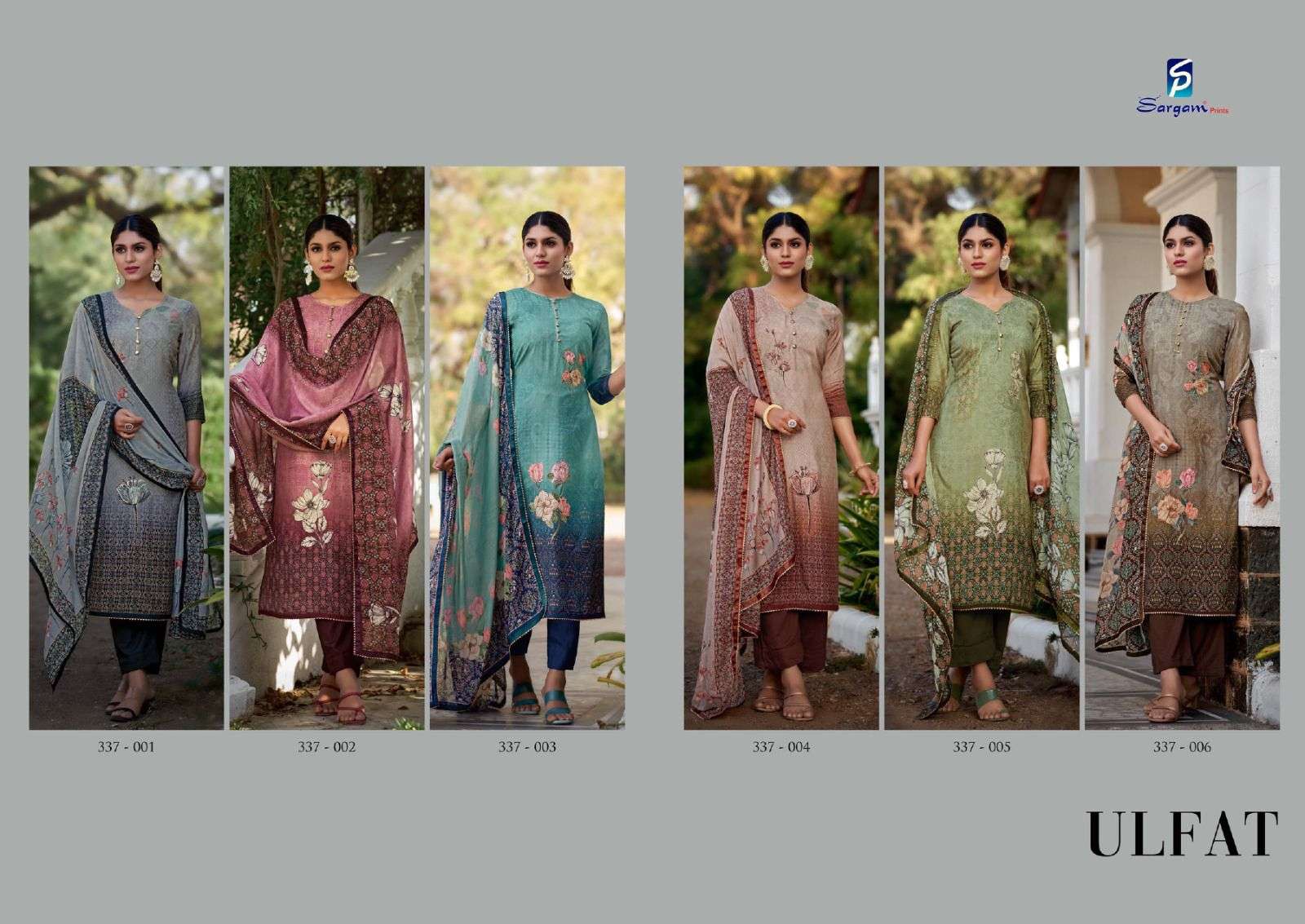 ULFAT BY SARGAM PRINTS 337-001 TO 337-006 SERIES BEAUTIFUL SUITS STYLISH COLORFUL FANCY CASUAL WEAR & ETHNIC WEAR PURE MUSLIN DRESSES AT WHOLESALE PRICE