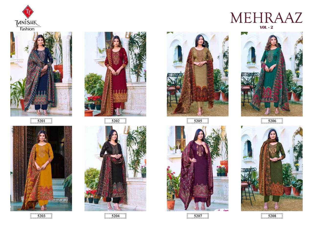 MEHRAAZ VOL-2 BY TANISHK FASHION 5201 TO 5208 SERIES BEAUTIFUL SUITS STYLISH COLORFUL FANCY CASUAL WEAR & ETHNIC WEAR PURE JAM PRINT EMBROIDERED DRESSES AT WHOLESALE PRICE