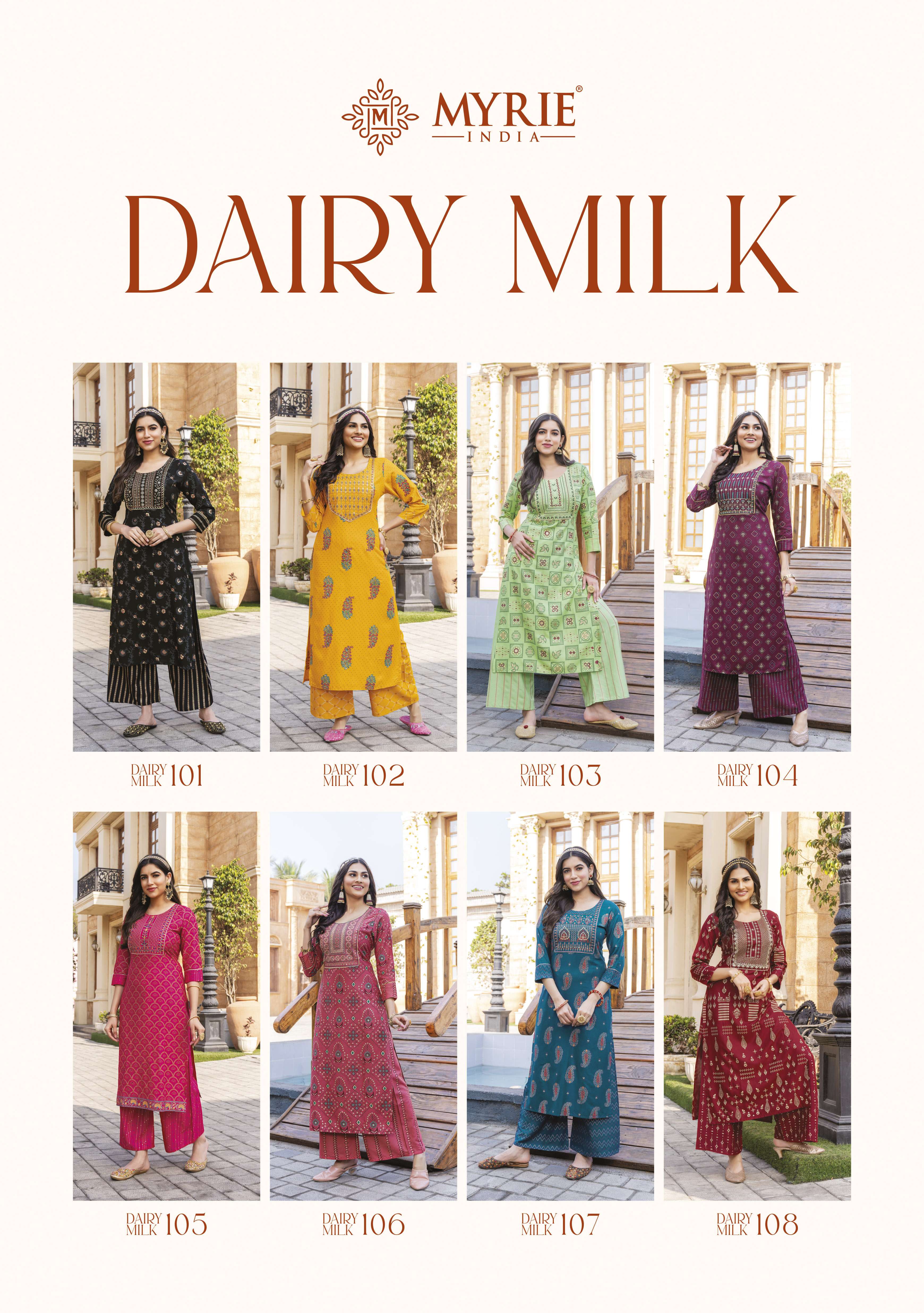 DAIRY MILK BY MYRIE 101 TO 108 SERIES DESIGNER STYLISH FANCY COLORFUL BEAUTIFUL PARTY WEAR & ETHNIC WEAR COLLECTION RAYON PRINT KURTIS WITH BOTTOM AT WHOLESALE PRICE