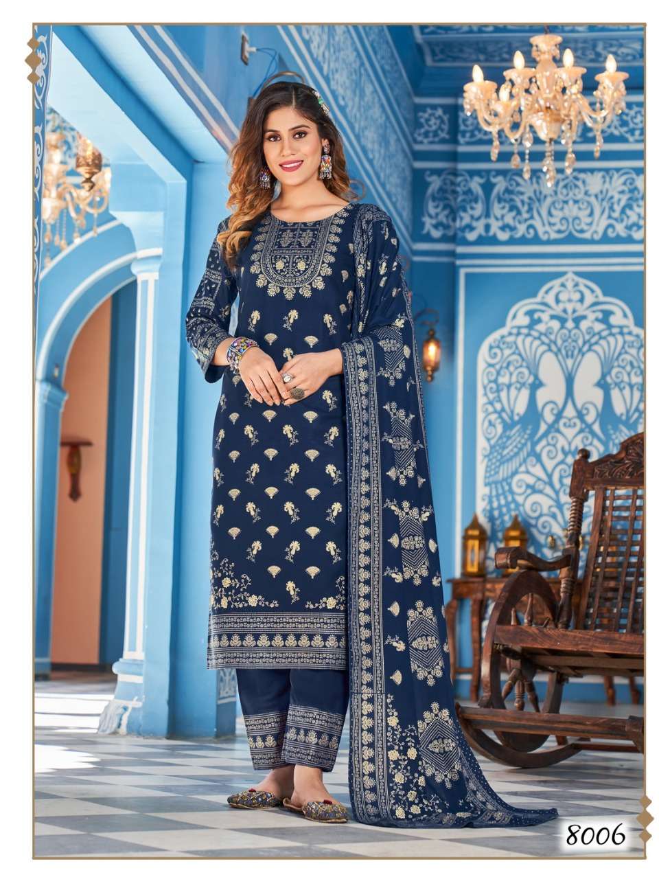 NYKAA VOL-8 BY BANWERY FASHION 8001 TO 8006 SERIES BEAUTIFUL STYLISH SUITS FANCY COLORFUL CASUAL WEAR & ETHNIC WEAR & READY TO WEAR RAYON FOIL DRESSES AT WHOLESALE PRICE