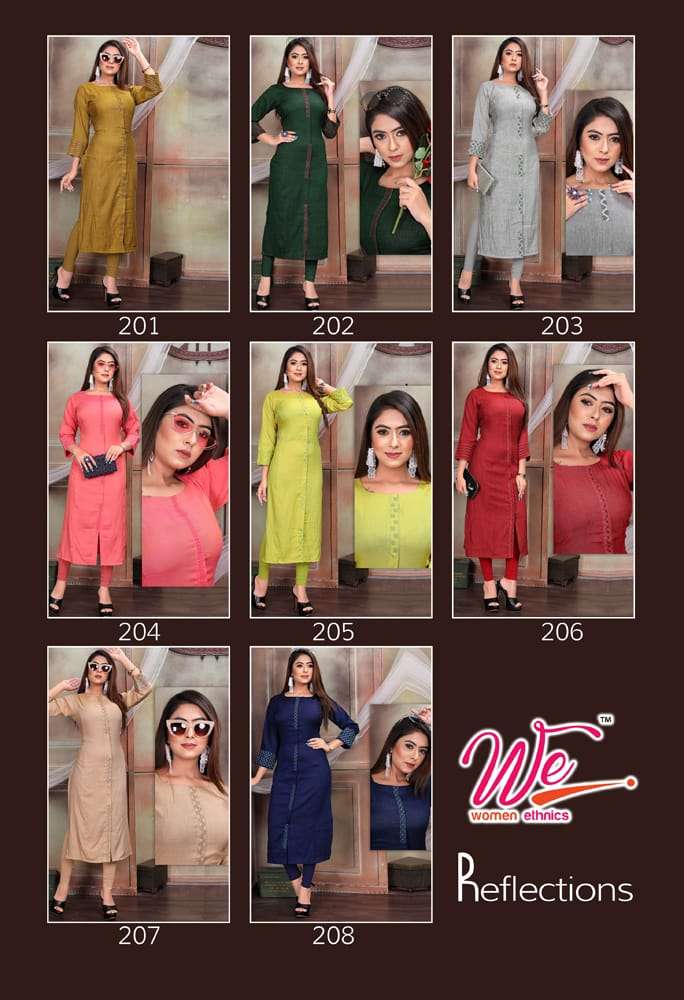REFLECTIONS BY WOMEN ETHNIC 201 TO 208 SERIES BEAUTIFUL STYLISH FANCY COLORFUL CASUAL WEAR & ETHNIC WEAR RAYON PASHMINA KURTIS AT WHOLESALE PRICE