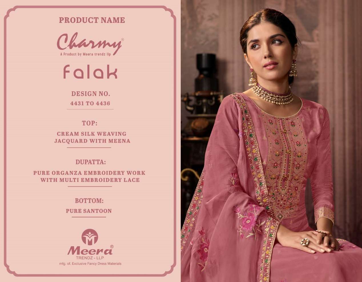 FALAK BY CHARMY 4431 TO 4436 SERIES BEAUTIFUL STYLISH SUITS FANCY COLORFUL CASUAL WEAR & ETHNIC WEAR & READY TO WEAR SILK JACQUARD DRESSES AT WHOLESALE PRICE