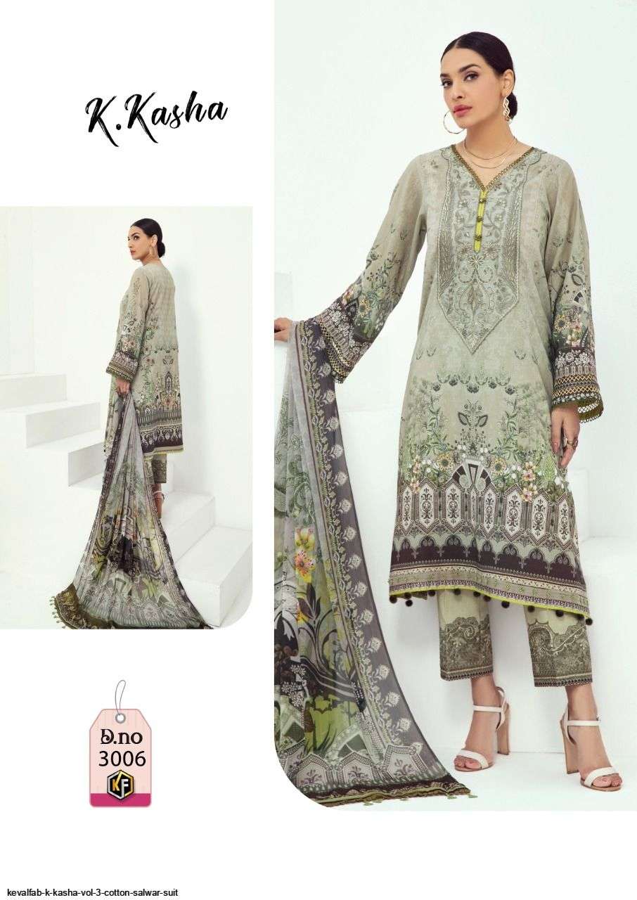 K.Kasha Vol-3 By Keval Fab 3001 To 3006 Series Beautiful Suits Stylish Fancy Colorful Party Wear & Occasional Wear Pure Cotton Print Dresses At Wholesale Price
