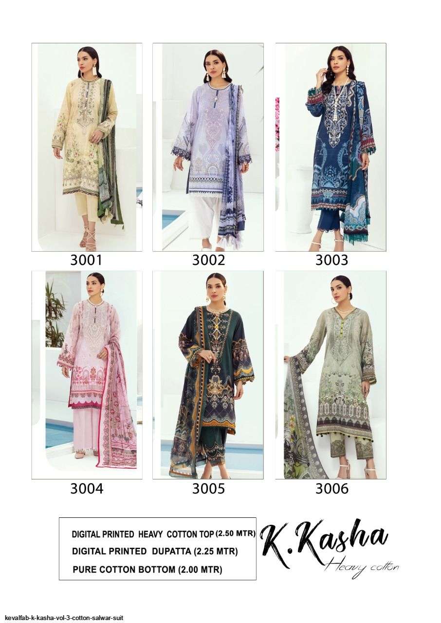 K.Kasha Vol-3 By Keval Fab 3001 To 3006 Series Beautiful Suits Stylish Fancy Colorful Party Wear & Occasional Wear Pure Cotton Print Dresses At Wholesale Price