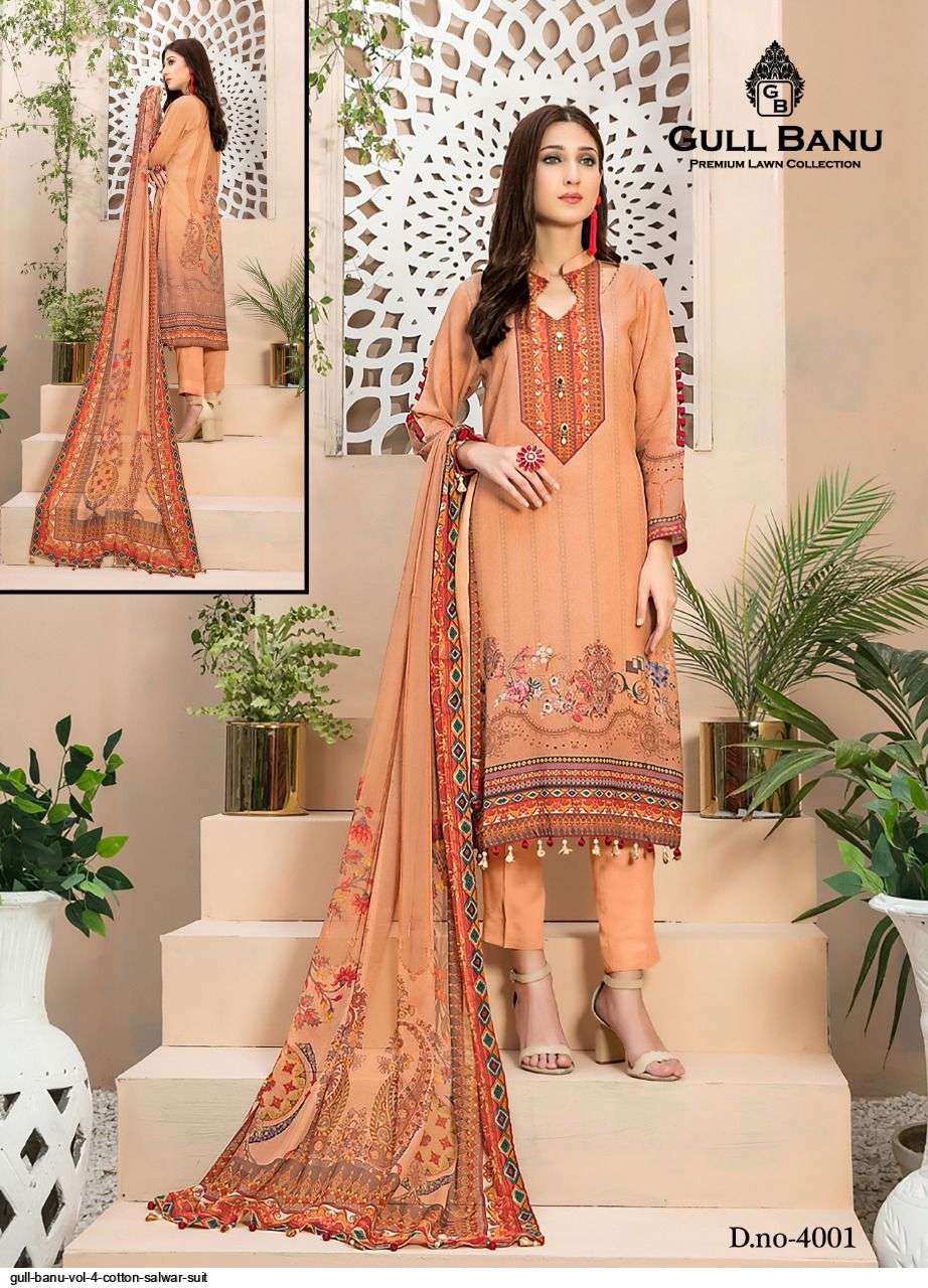 Gull Banu Vol-4 By Gull Aahmed 4001 To 4006 Series Beautiful Suits Stylish Fancy Colorful Party Wear & Occasional Wear Pure Lawn Print Dresses At Wholesale Price