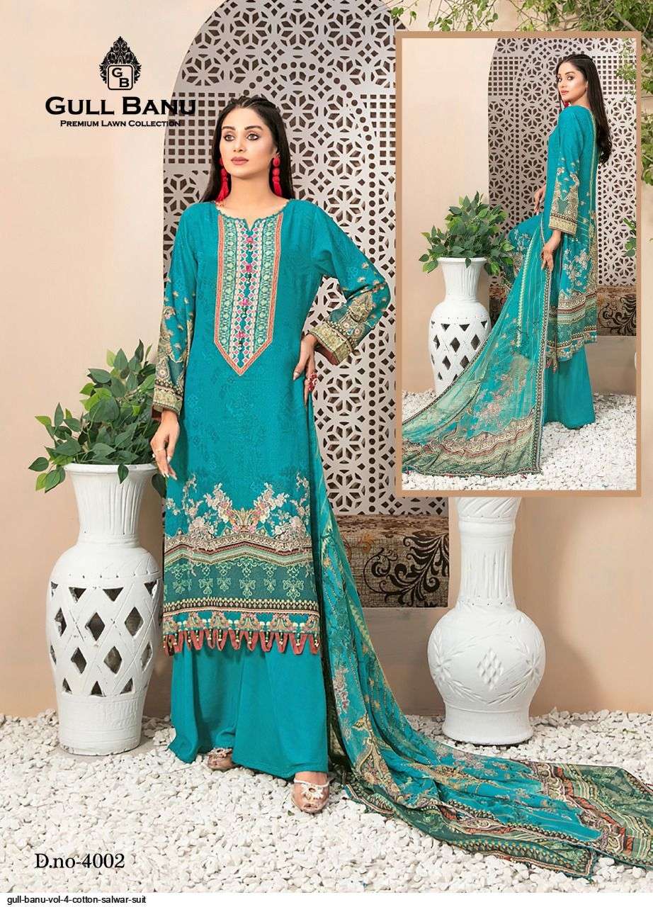 Gull Banu Vol-4 By Gull Aahmed 4001 To 4006 Series Beautiful Suits Stylish Fancy Colorful Party Wear & Occasional Wear Pure Lawn Print Dresses At Wholesale Price