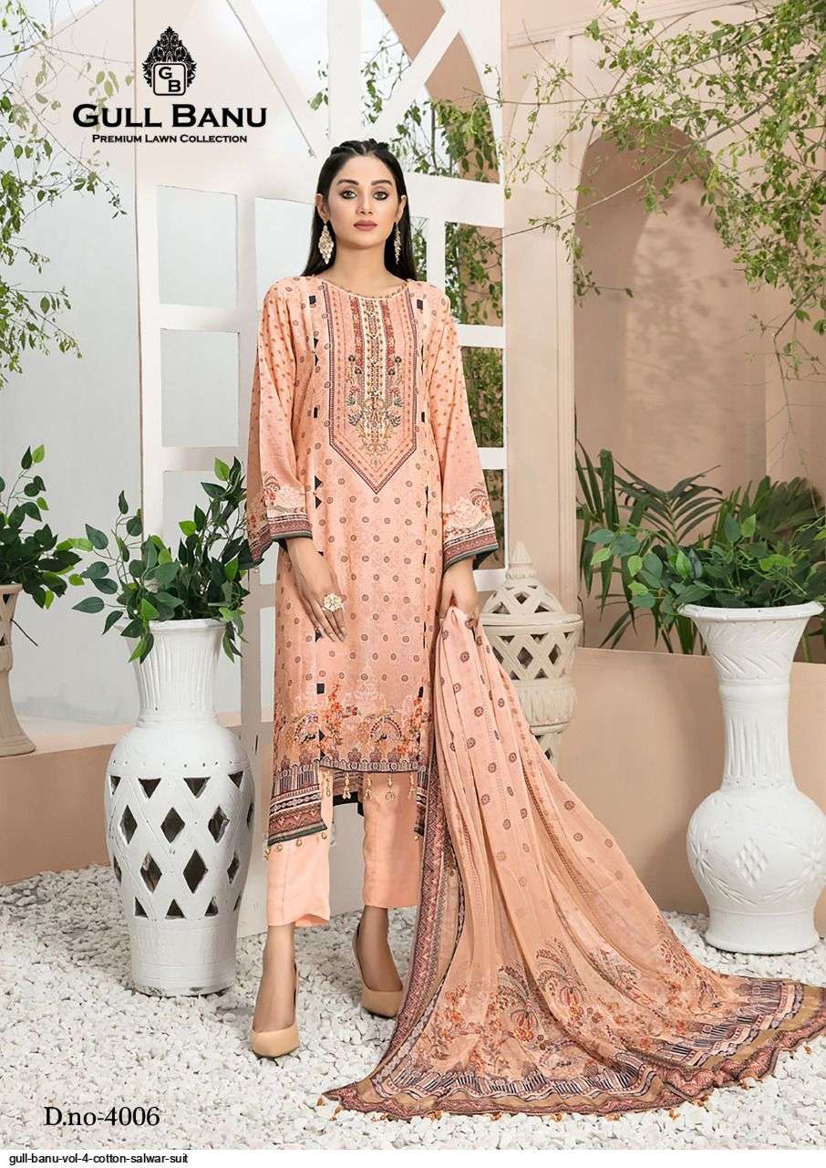 Gull Banu Vol-4 By Gull Aahmed 4001 To 4006 Series Beautiful Suits Stylish Fancy Colorful Party Wear & Occasional Wear Pure Lawn Print Dresses At Wholesale Price