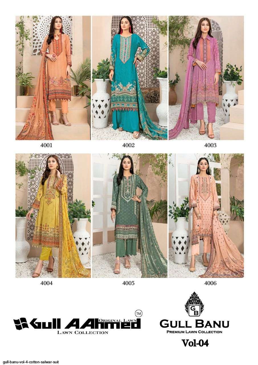 Gull Banu Vol-4 By Gull Aahmed 4001 To 4006 Series Beautiful Suits Stylish Fancy Colorful Party Wear & Occasional Wear Pure Lawn Print Dresses At Wholesale Price