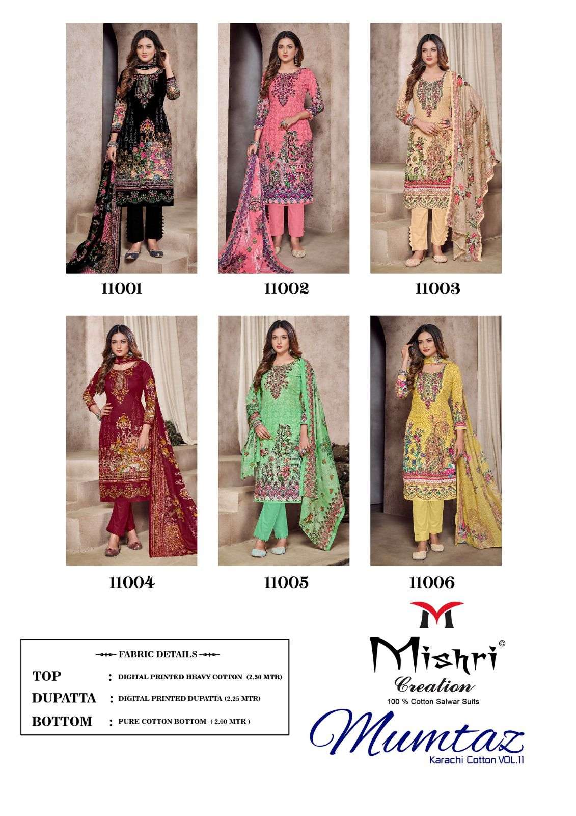 Mumtaz Vol-11 By Mishri 11001 To 11006 Series Beautiful Suits Colorful Stylish Fancy Casual Wear & Ethnic Wear Soft Cotton Print Dresses At Wholesale Price