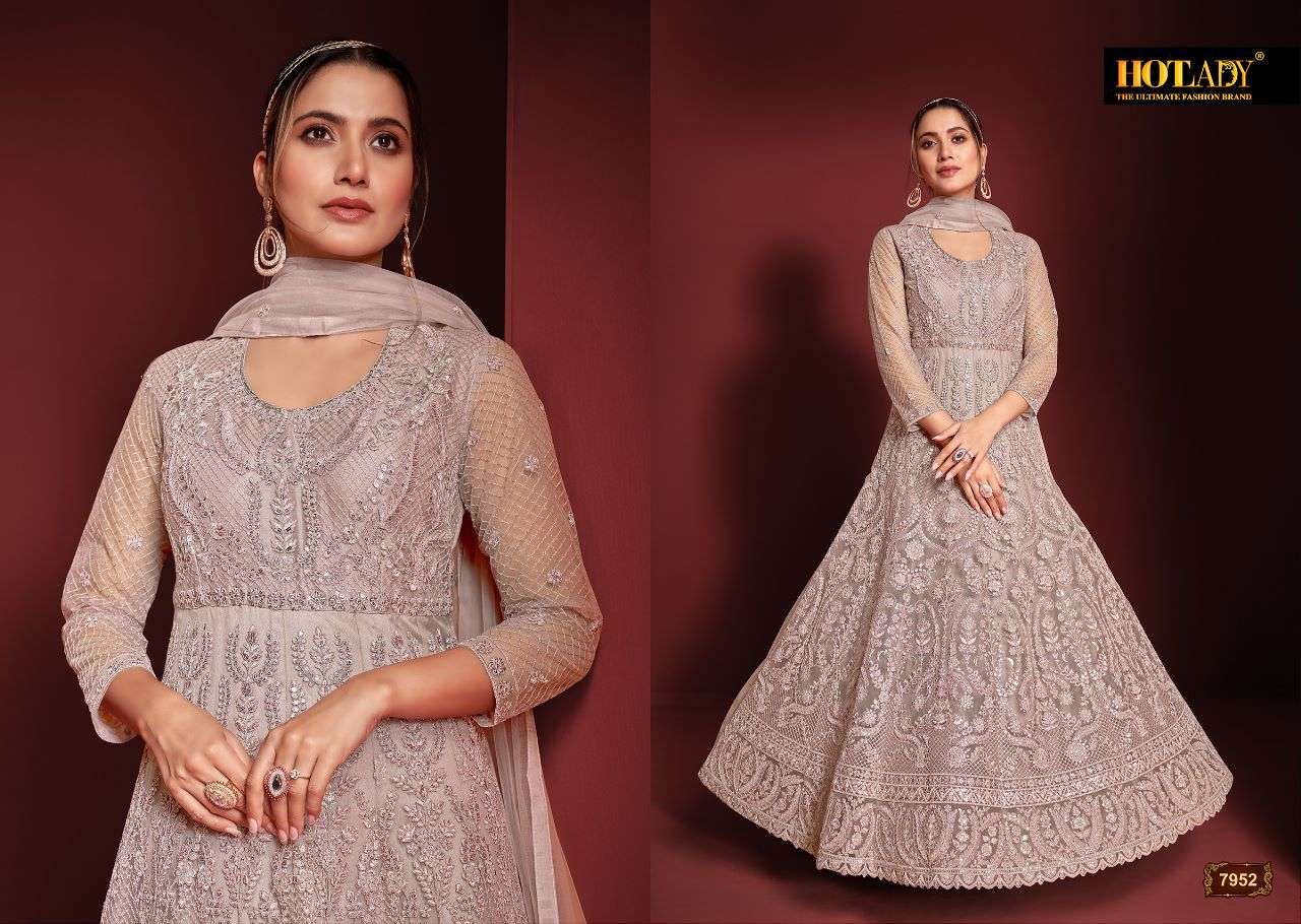 Safeena Vol-23 By Hot Lady 7951 To 7955 Series Designer Anarkali Suits Collection Beautiful Stylish Fancy Colorful Party Wear & Occasional Wear Net Embroidered Dresses At Wholesale Price