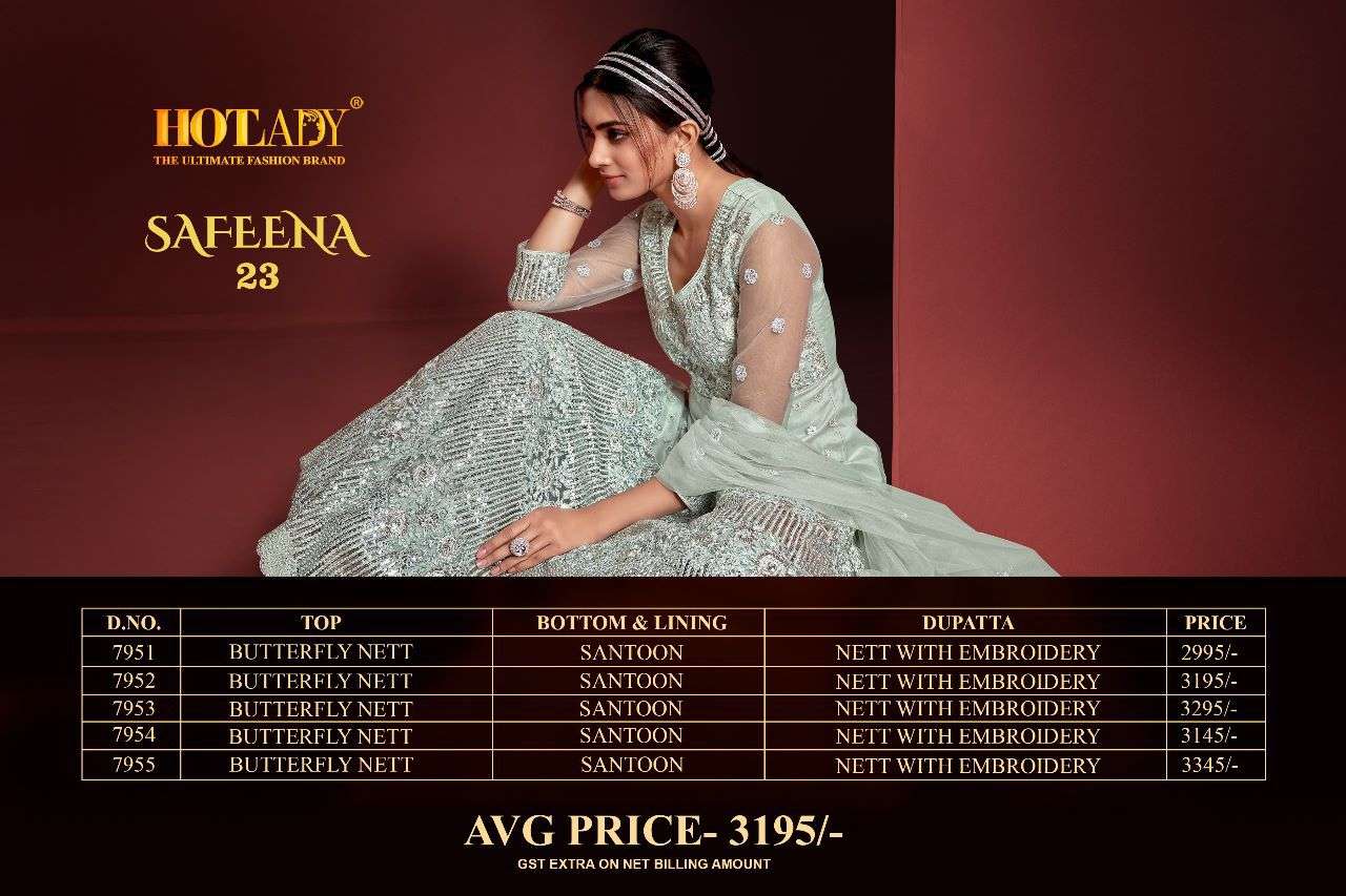 Safeena Vol-23 By Hot Lady 7951 To 7955 Series Designer Anarkali Suits Collection Beautiful Stylish Fancy Colorful Party Wear & Occasional Wear Net Embroidered Dresses At Wholesale Price