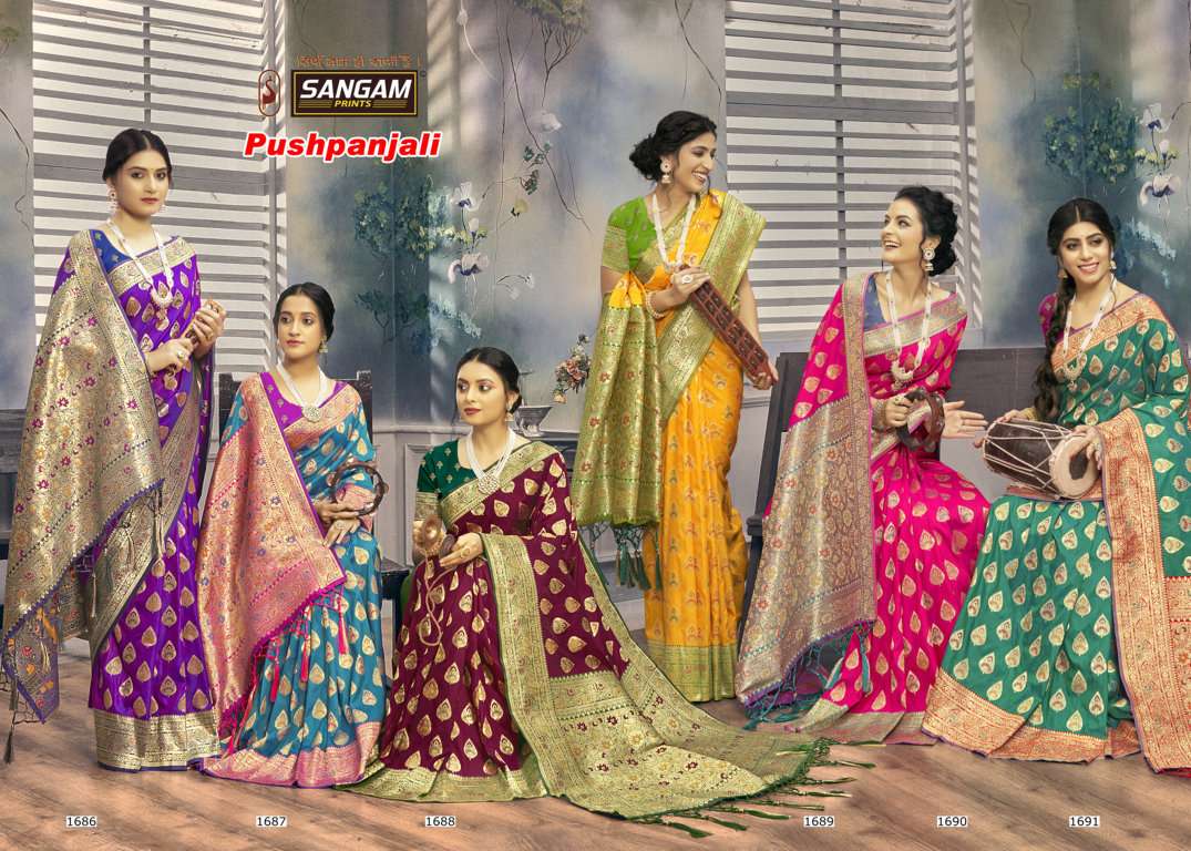 Pushpanjali By Sangam Prints 1686 To 1691 Series Indian Traditional Wear Collection Beautiful Stylish Fancy Colorful Party Wear & Occasional Wear Banarasi Silk Sarees At Wholesale Price