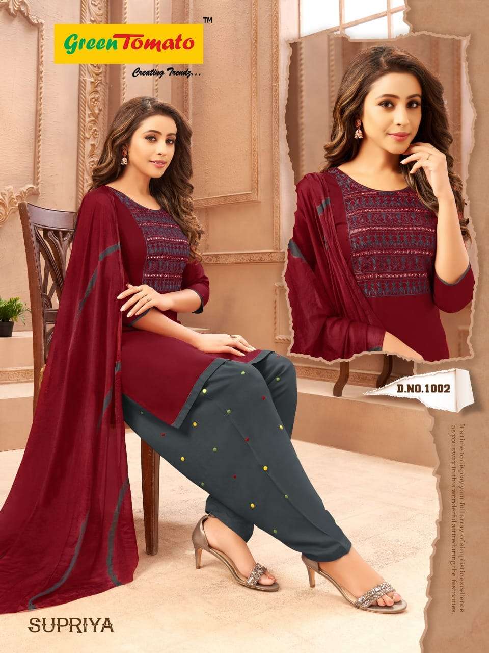 Supriya By Green Tomato 1001 To 1008 Series Beautiful Patiyala Suits Colorful Stylish Fancy Casual Wear & Ethnic Wear Heavy Rayon Dresses At Wholesale Price