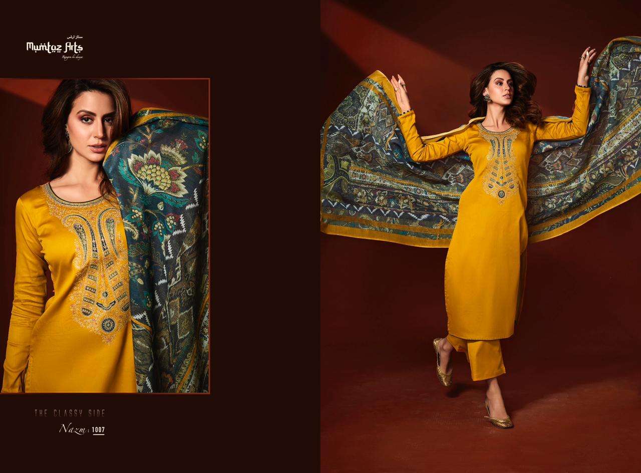 Nazm By Mumtaz Arts 1001 To 1007 Series Designer Festive Suits Beautiful Stylish Fancy Colorful Party Wear & Occasional Wear Viscose Jam Satin Print Dresses At Wholesale Price
