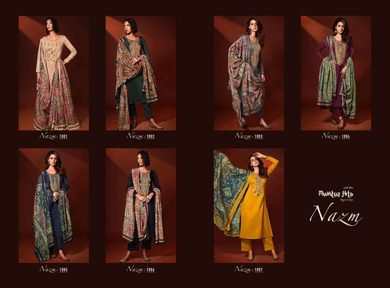 Nazm By Mumtaz Arts 1001 To 1007 Series Designer Festive Suits Beautiful Stylish Fancy Colorful Party Wear & Occasional Wear Viscose Jam Satin Print Dresses At Wholesale Price
