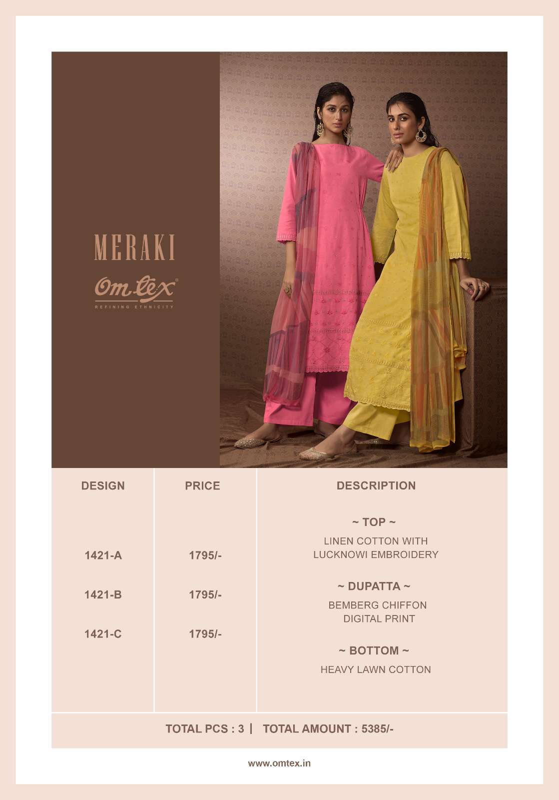 Meraki By Om Tex 1421-A To 1421-C Series Beautiful Suits Colorful Stylish Fancy Casual Wear & Ethnic Wear Linen Cotton Dresses At Wholesale Price