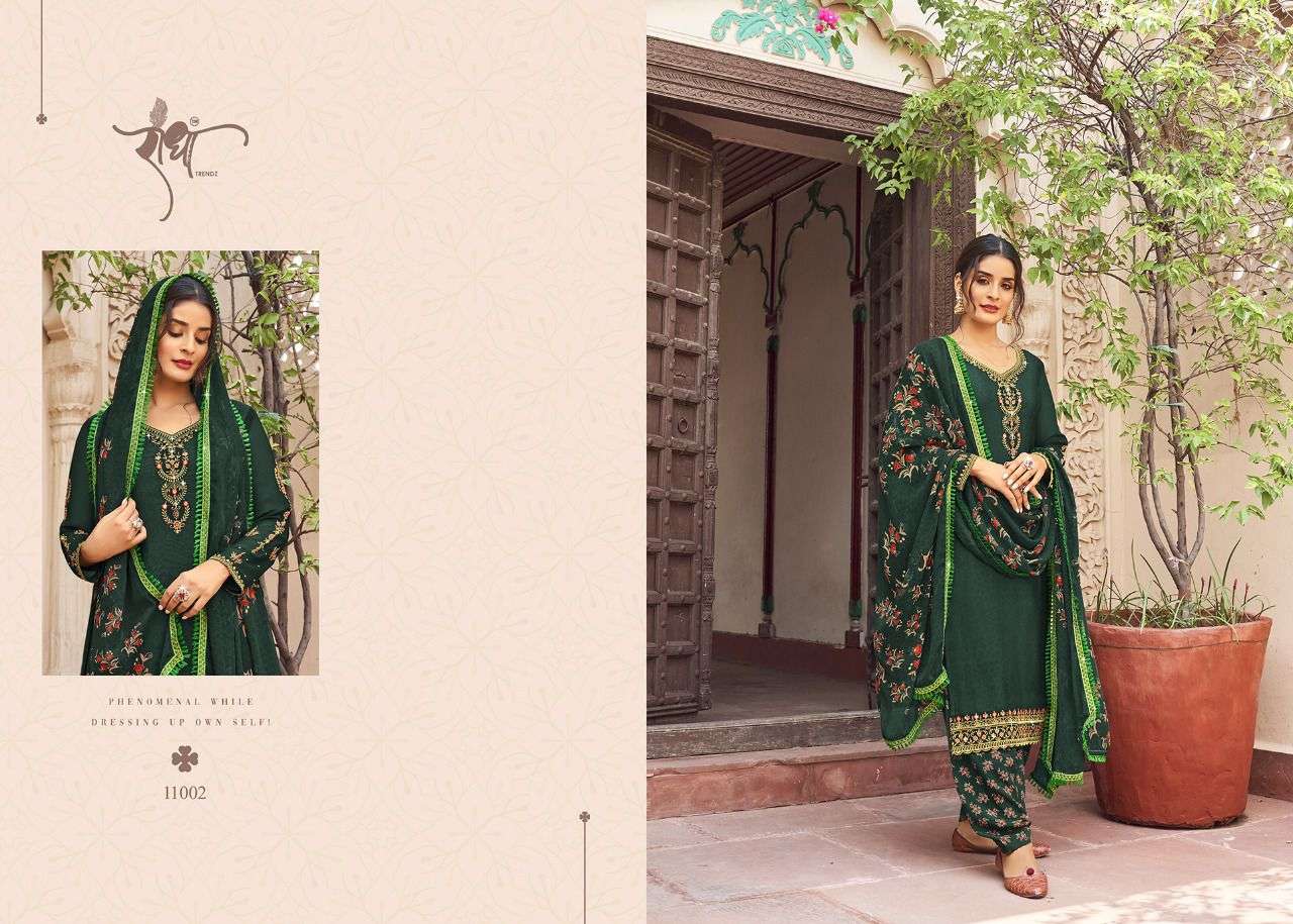 Cherry Silk Vol-1 By Radha Trendz 11001 To 11005 Series Beautiful Sharara Suits Colorful Stylish Fancy Casual Wear & Ethnic Wear Crepe Embroidered Dresses At Wholesale Price
