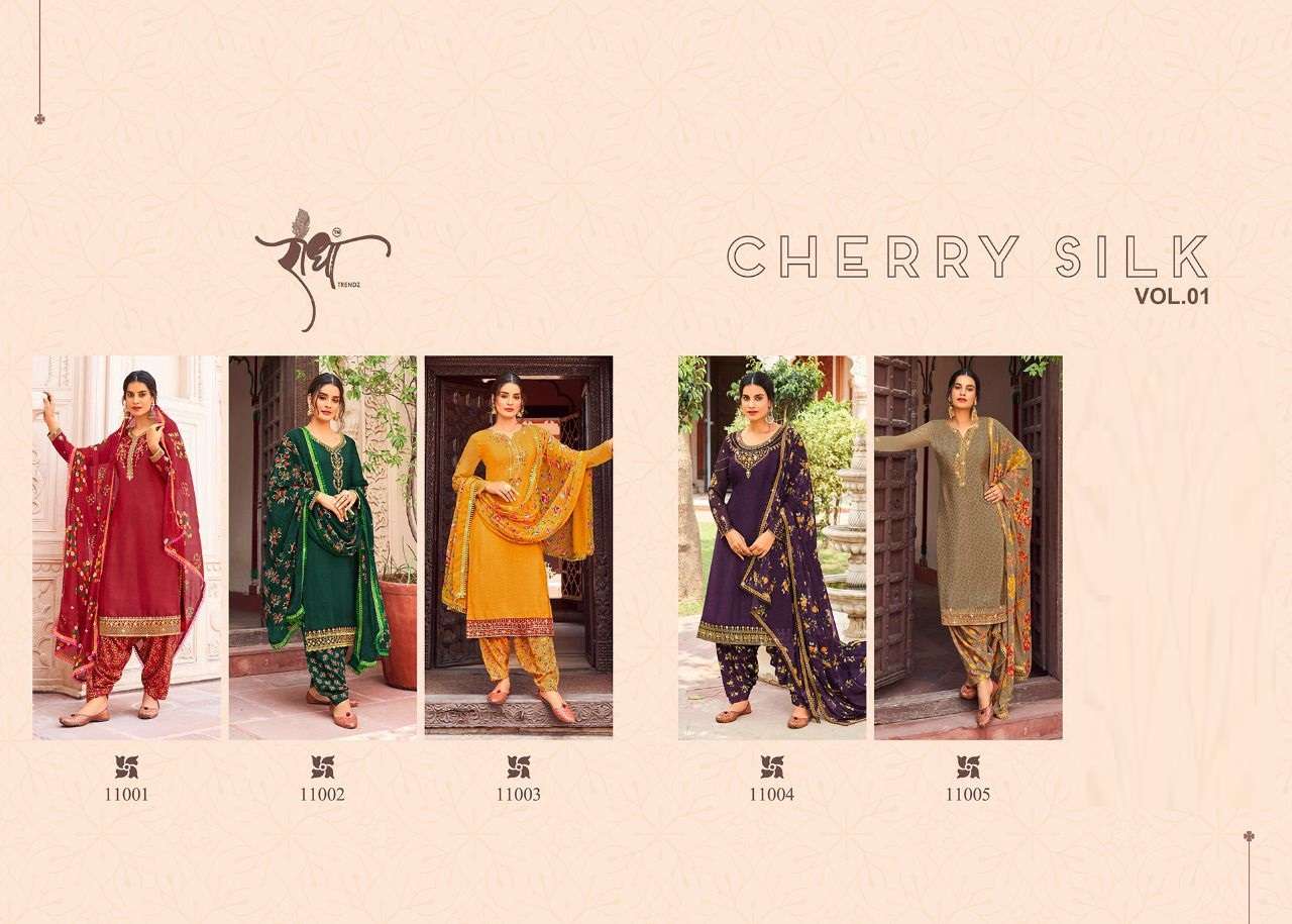 Cherry Silk Vol-1 By Radha Trendz 11001 To 11005 Series Beautiful Sharara Suits Colorful Stylish Fancy Casual Wear & Ethnic Wear Crepe Embroidered Dresses At Wholesale Price