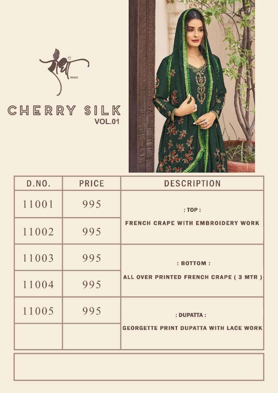 Cherry Silk Vol-1 By Radha Trendz 11001 To 11005 Series Beautiful Sharara Suits Colorful Stylish Fancy Casual Wear & Ethnic Wear Crepe Embroidered Dresses At Wholesale Price
