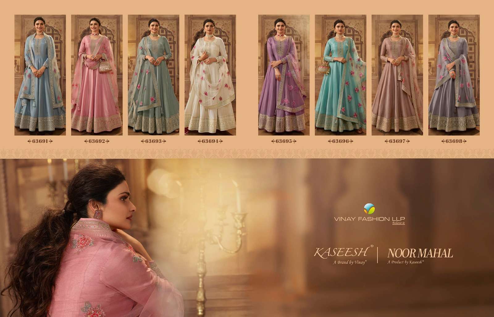 Kaseesh Noormahal By Vinay Fashion 63691 To 63698 Series Beautiful Colorful Stylish Fancy Casual Wear & Ethnic Wear & Ready To Wear Dola Silk Embroidered Dresses At Wholesale Price