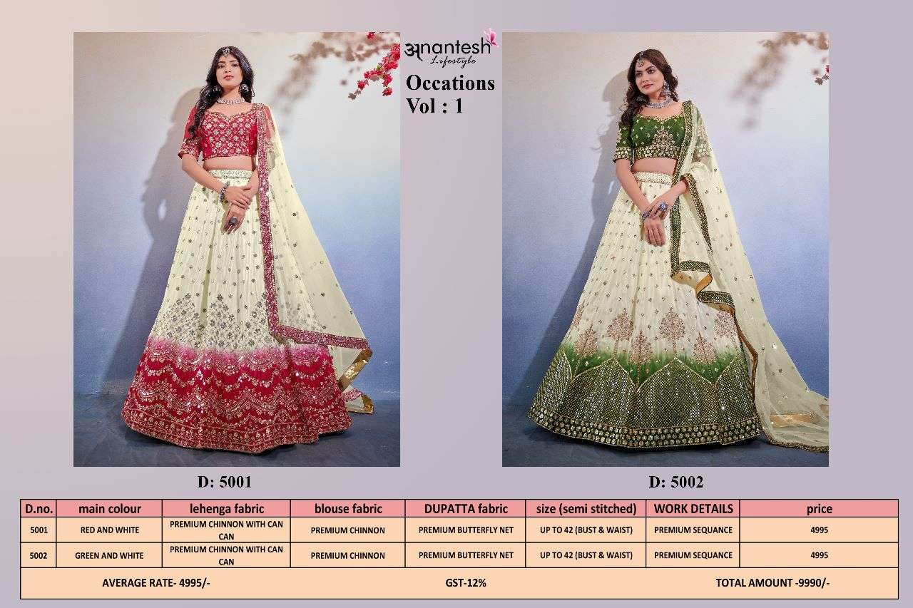 Occations By Anantesh 5001 To 5002 Series Designer Beautiful Festive Collection Occasional Wear & Party Wear Heavy Chinnon Lehengas At Wholesale Price