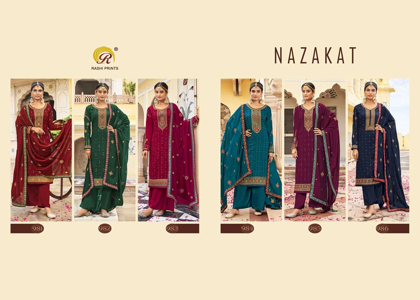 Nazakat By Rashi Prints 981 To 986 Series Beautiful Suits Colorful Stylish Fancy Casual Wear & Ethnic Wear Pure Vichitra Embroidered Dresses At Wholesale Price