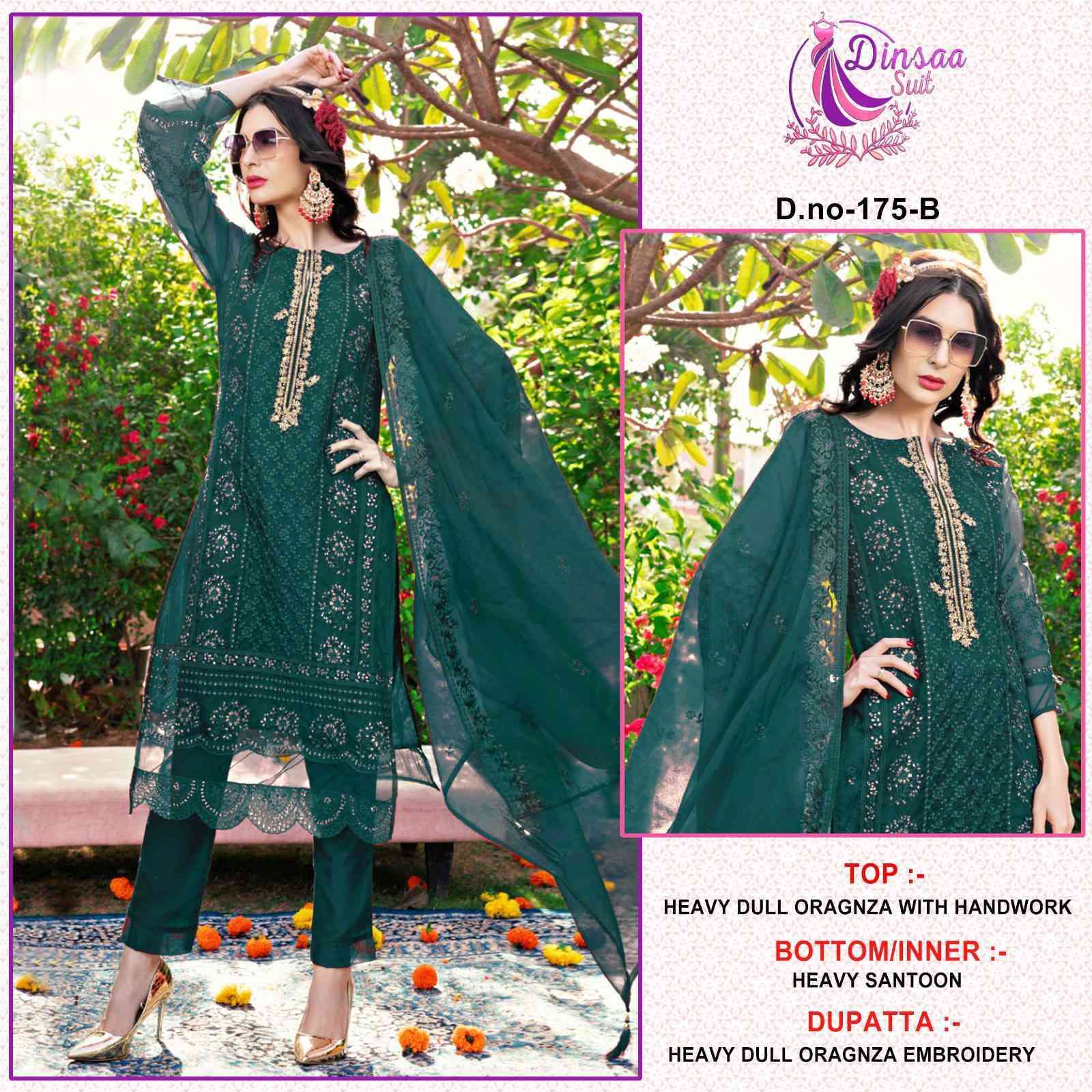 Dinsaa Hit Design 175 Colours By Dinsaa Suits 175-A To 175-D Series Beautiful Stylish Pakistani Suits Fancy Colorful Casual Wear & Ethnic Wear & Ready To Wear Heavy Organza Embroidery Dresses At Wholesale Price