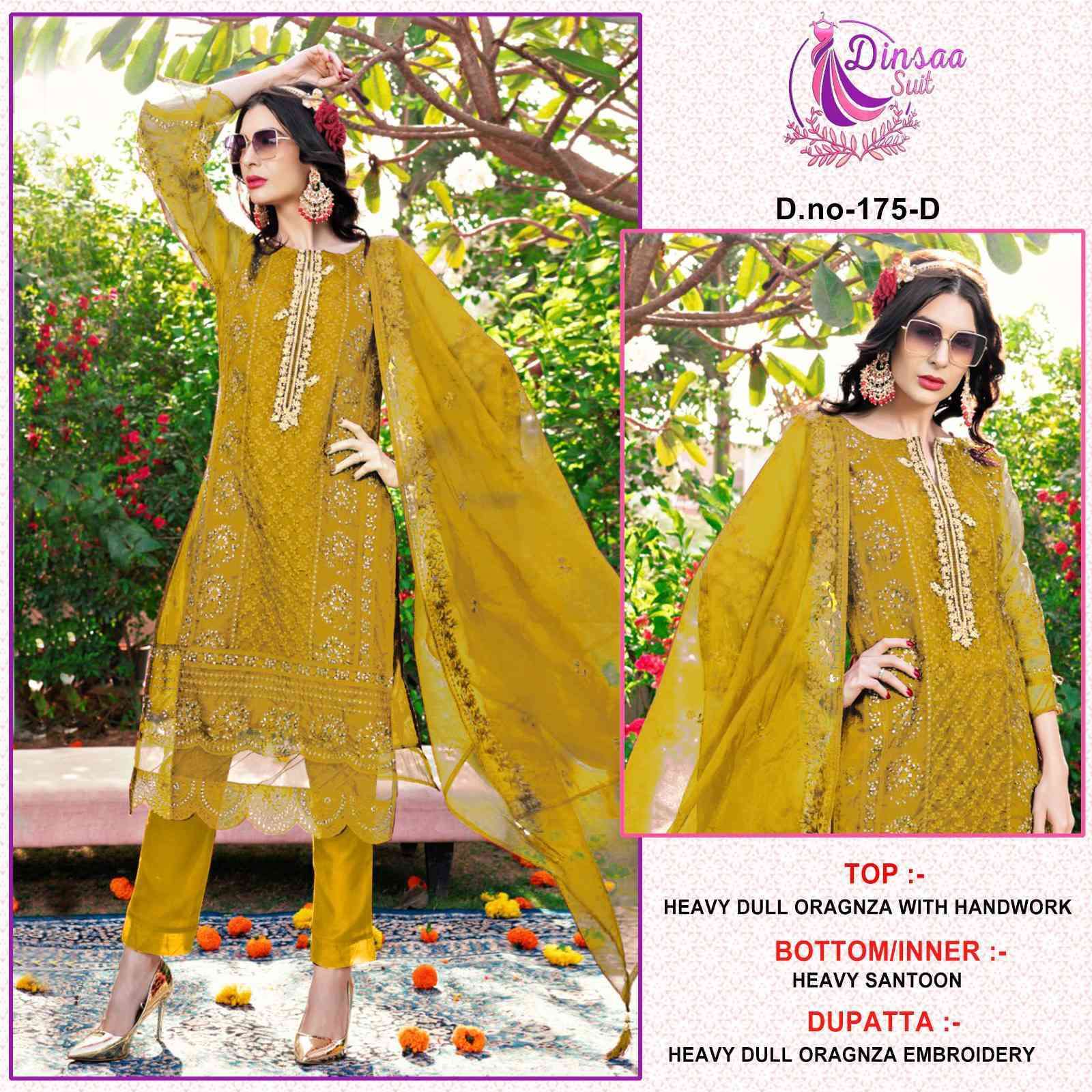 Dinsaa Hit Design 175 Colours By Dinsaa Suits 175-A To 175-D Series Beautiful Stylish Pakistani Suits Fancy Colorful Casual Wear & Ethnic Wear & Ready To Wear Heavy Organza Embroidery Dresses At Wholesale Price