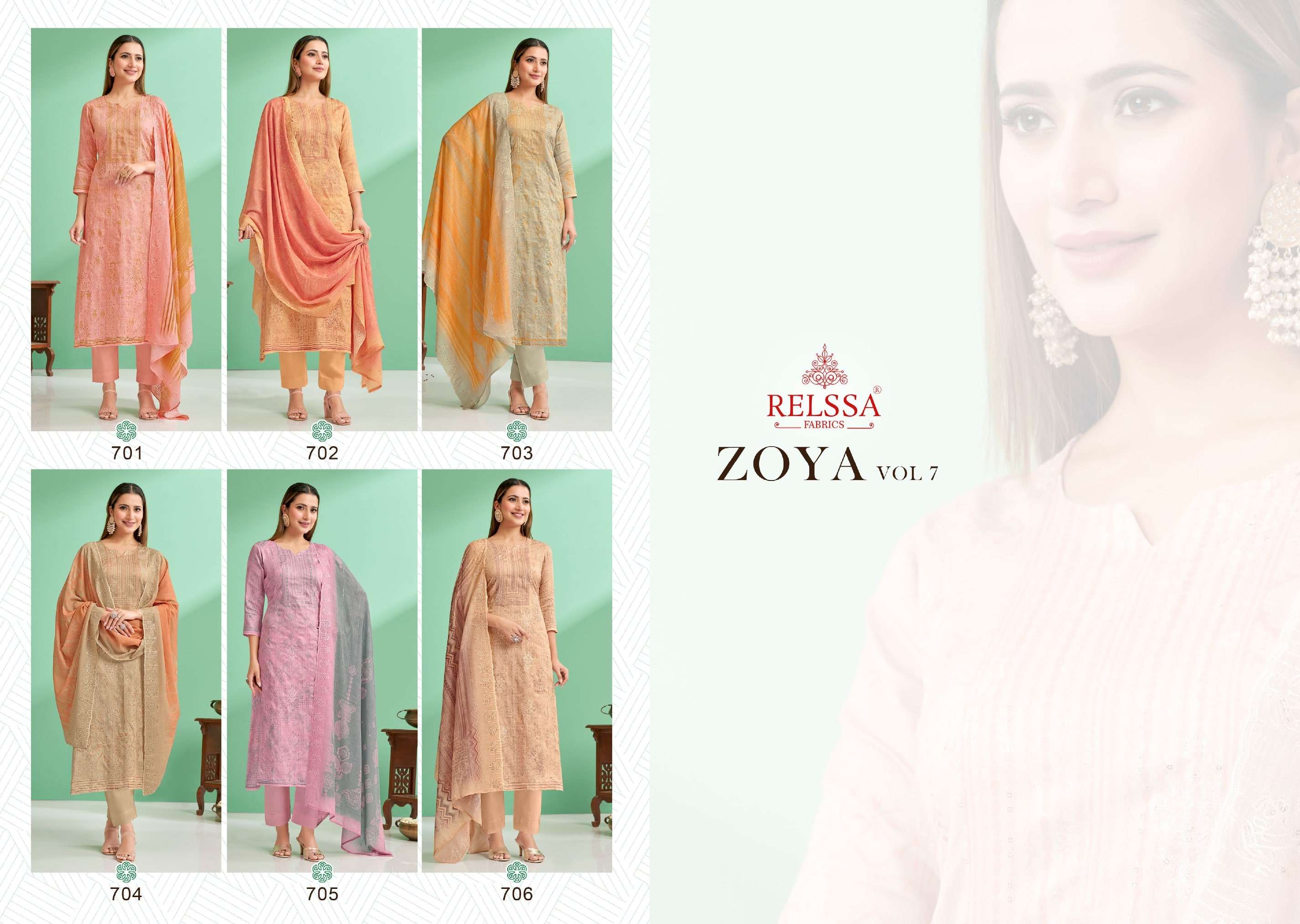 Zoya Vol-7 By Relssa Fabrics 701 To 706 Series Designer Festive Suits Collection Beautiful Stylish Colorful Fancy Party Wear & Occasional Wear Satin Cotton Dresses At Wholesale Price