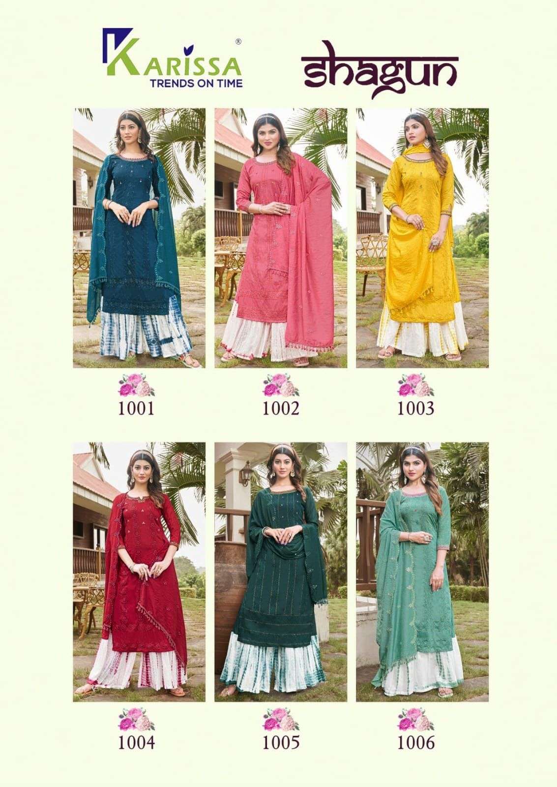 Shagun By Karissa 1001 To 1006 Series Sharara Suits Beautiful Fancy Colorful Stylish Party Wear & Occasional Wear Premium Visocse Silk Dresses At Wholesale Price