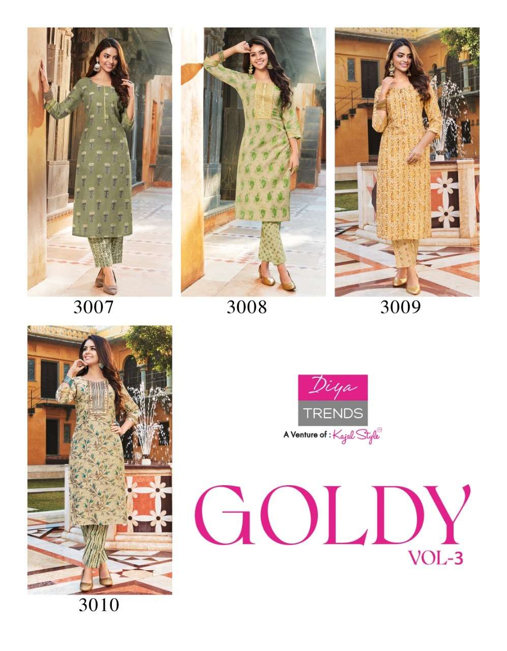 Goldy Vol-3 By Diya Trends 1001 To 1010 Series Beautiful Stylish Fancy Colorful Casual Wear & Ethnic Wear Chanderi Foil Kurtis With Bottom At Wholesale Price
