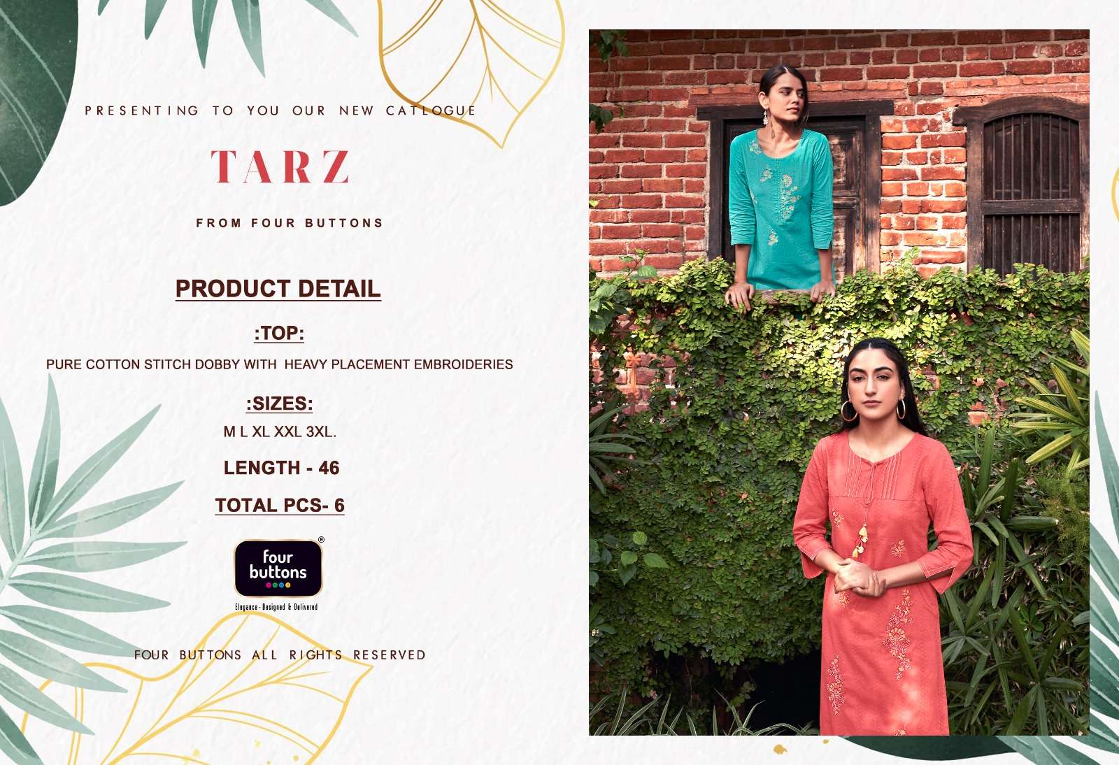 Tarz By Four Buttons 3121 To 3126 Series Designer Stylish Fancy Colorful Beautiful Party Wear & Ethnic Wear Collection Pure Cotton Kurtis At Wholesale Price