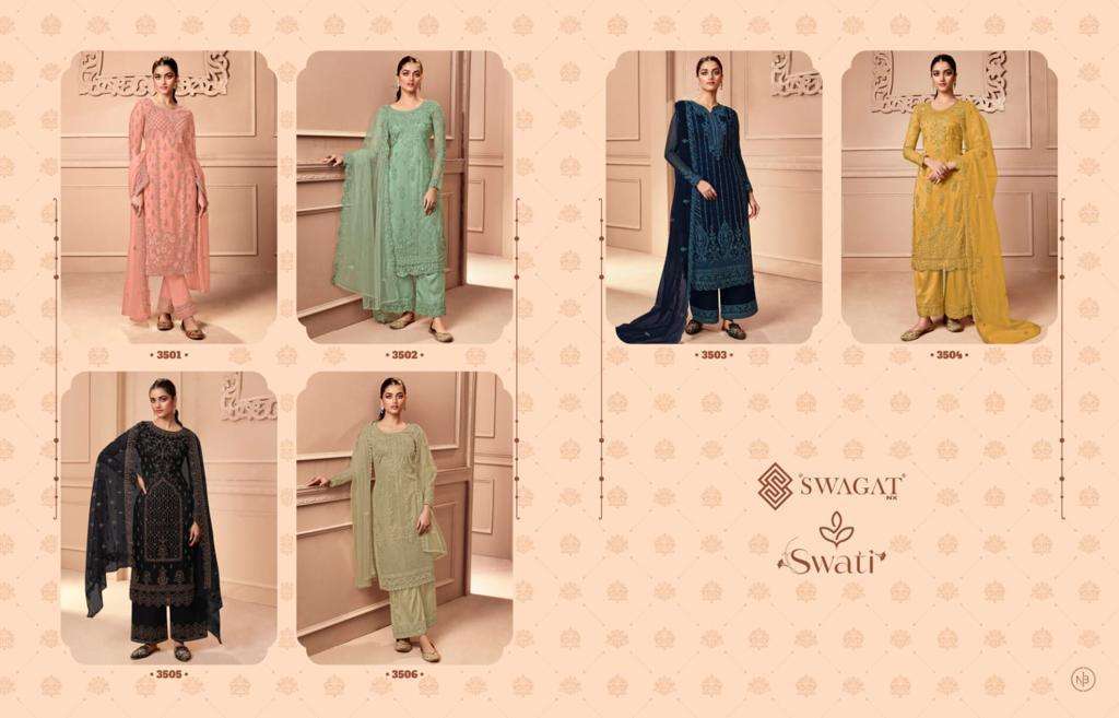 Swati 3501 Series By Swagat 3501 To 3506 Series Beautiful Stylish Suits Fancy Colorful Casual Wear & Ethnic Wear & Ready To Wear Net Dresses At Wholesale Price