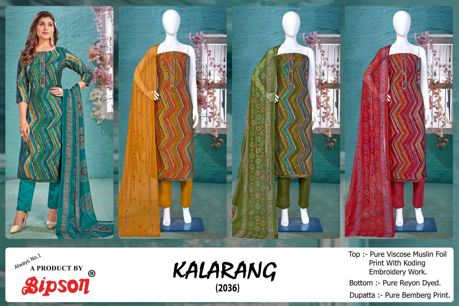 Kalarang-2036 By Bipson 2036-A To 2036-D Series Beautiful Stylish Festive Suits Fancy Colorful Casual Wear & Ethnic Wear & Ready To Wear Pure Visocse Muslin Print With Embroidered Dresses At Wholesale Price