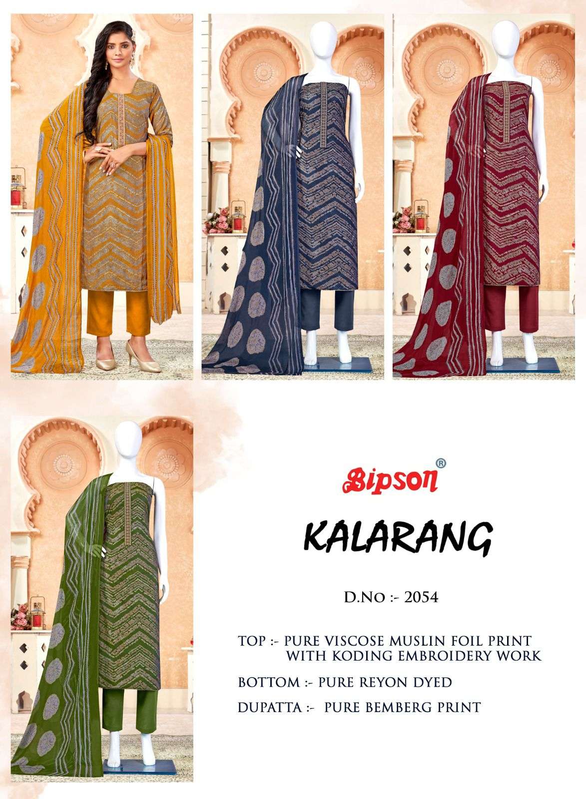 Kalarang-2054 By Bipson 2054-A To 2054-D Series Beautiful Stylish Festive Suits Fancy Colorful Casual Wear & Ethnic Wear & Ready To Wear Pure Visocse Muslin Print With Embroidered Dresses At Wholesale Price