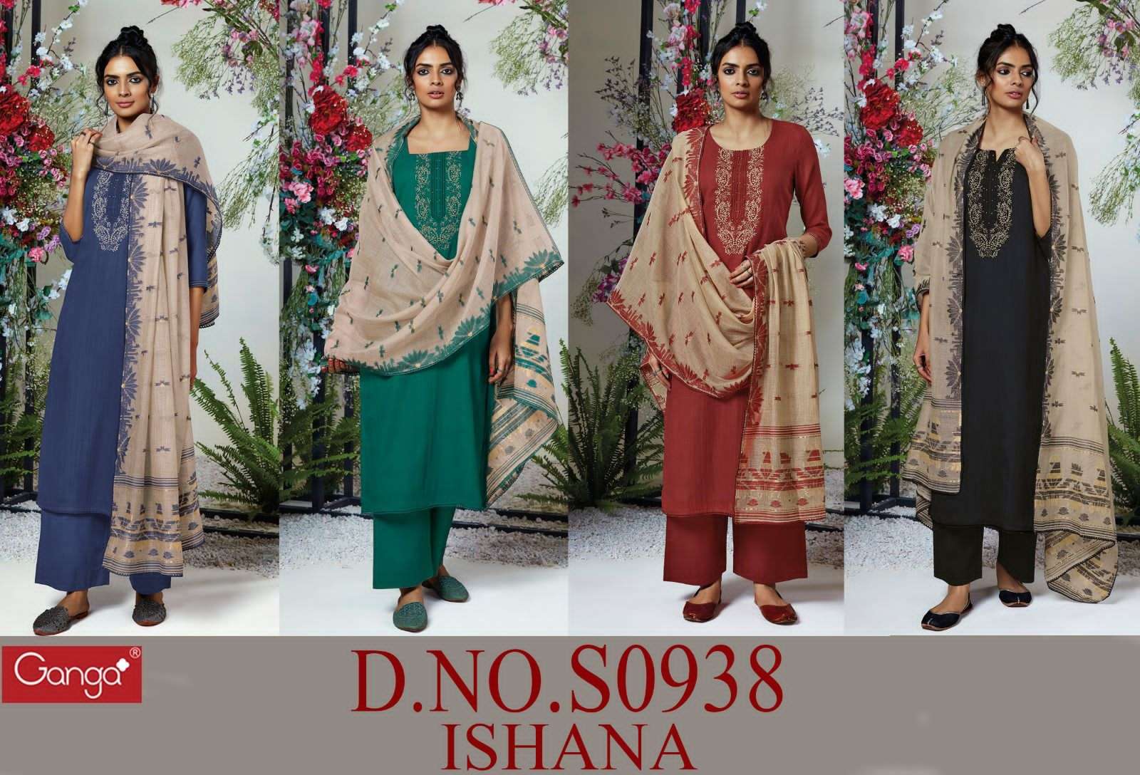 Ishana-938 By Ganga Fashion 938-A To 938-D Series Beautiful Suits Colorful Stylish Fancy Casual Wear & Ethnic Wear Pure Cotton Embroidered Dresses At Wholesale Price