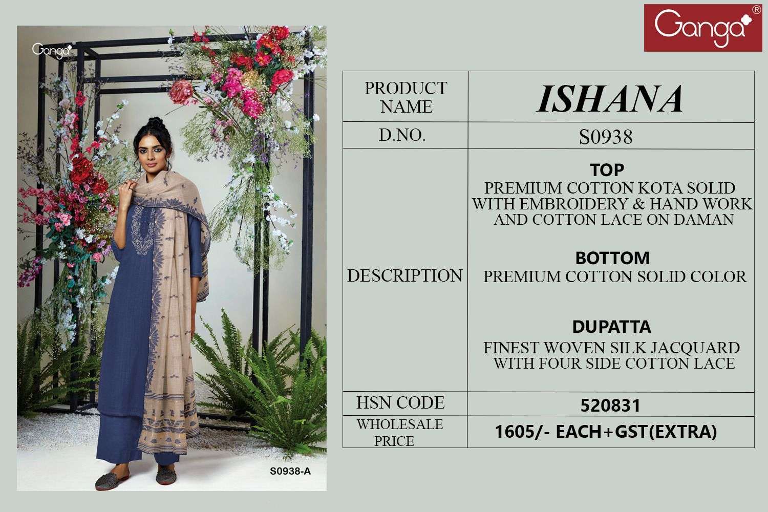 Ishana-938 By Ganga Fashion 938-A To 938-D Series Beautiful Suits Colorful Stylish Fancy Casual Wear & Ethnic Wear Pure Cotton Embroidered Dresses At Wholesale Price