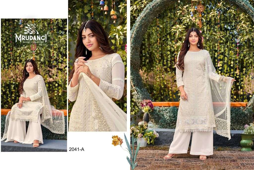 Celebration 2041 Colours By Mrudangi 2041-A To 2041-E Series Beautiful Suits Colorful Stylish Fancy Casual Wear & Ethnic Wear Heavy Faux Georgette Embroidered Dresses At Wholesale Price