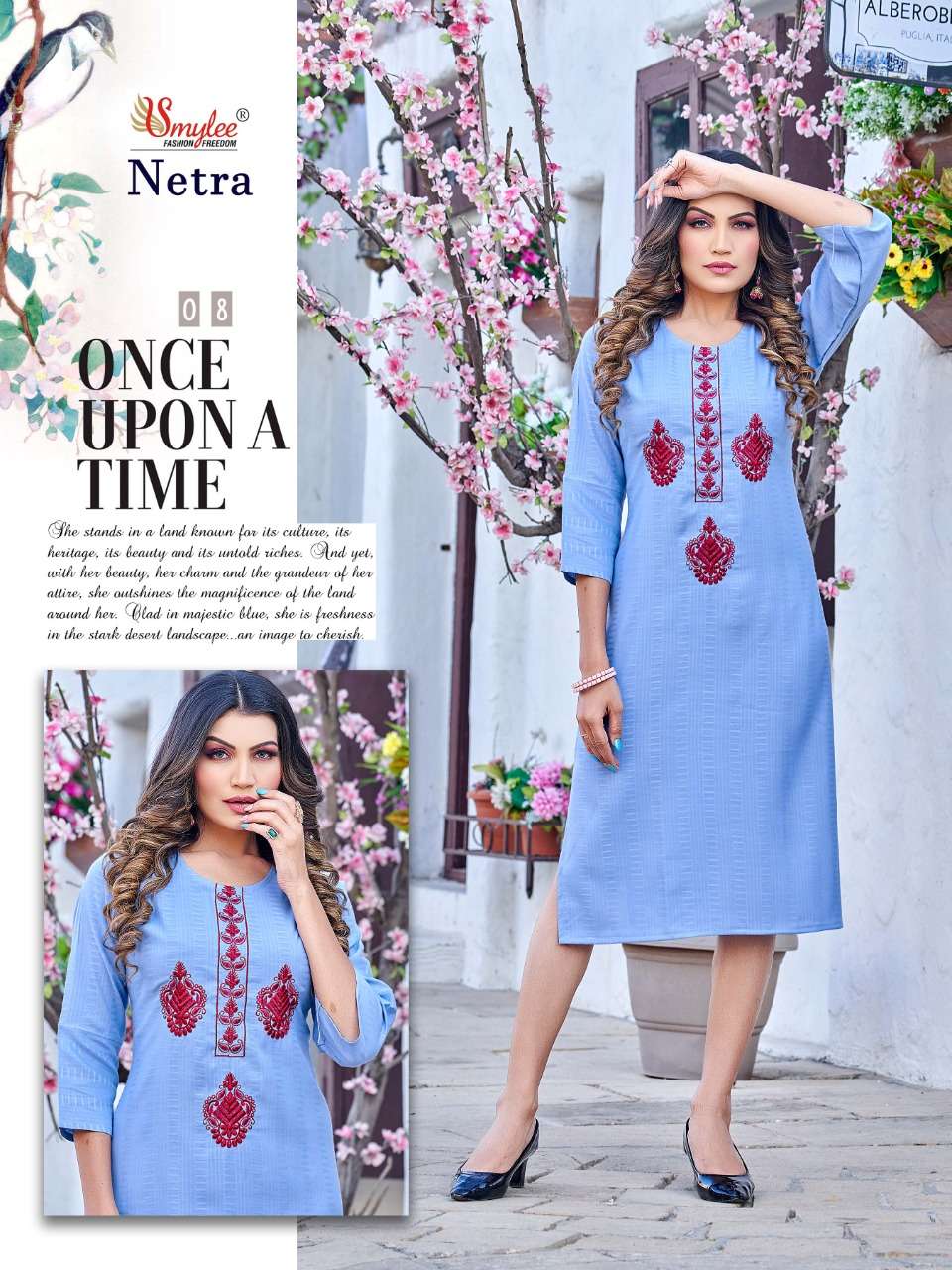 Netra By Smylee 01 To 08 Series Designer Stylish Fancy Colorful Beautiful Party Wear & Ethnic Wear Collection Rayon With Work Kurtis At Wholesale Price