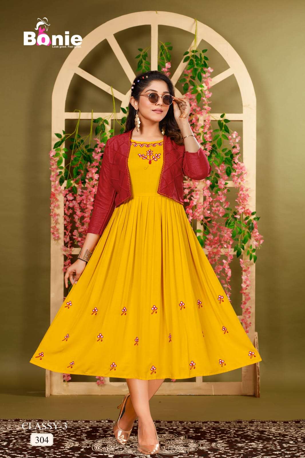 Classy Vol-3 By Bonie 301 To 306 Series Designer Stylish Fancy Colorful Beautiful Party Wear & Ethnic Wear Collection Fancy Kurtis With Jackets At Wholesale Price