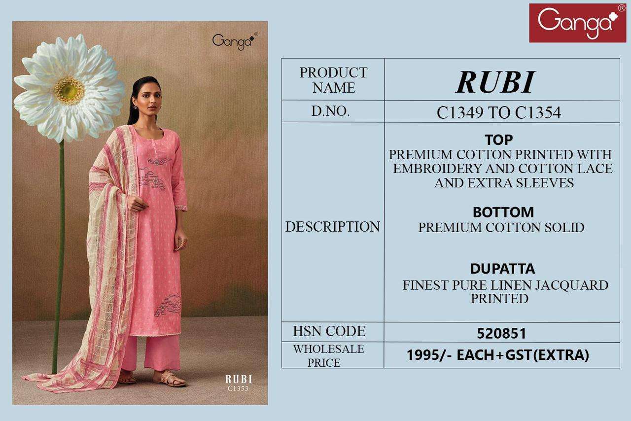 Rubi By Ganga Fashion 1349 To 1354 Series Beautiful Suits Colorful Stylish Fancy Casual Wear & Ethnic Wear Premium Cotton Embroidered Dresses At Wholesale Price