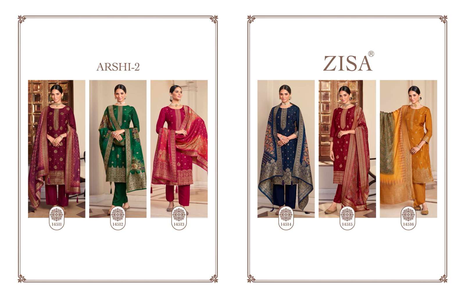 Arshi Vol-2 By Zisa 14511 To 14516 Series Designer Festive Suits Collection Beautiful Stylish Fancy Colorful Party Wear & Occasional Wear Dola Jacquard Dresses At Wholesale Price