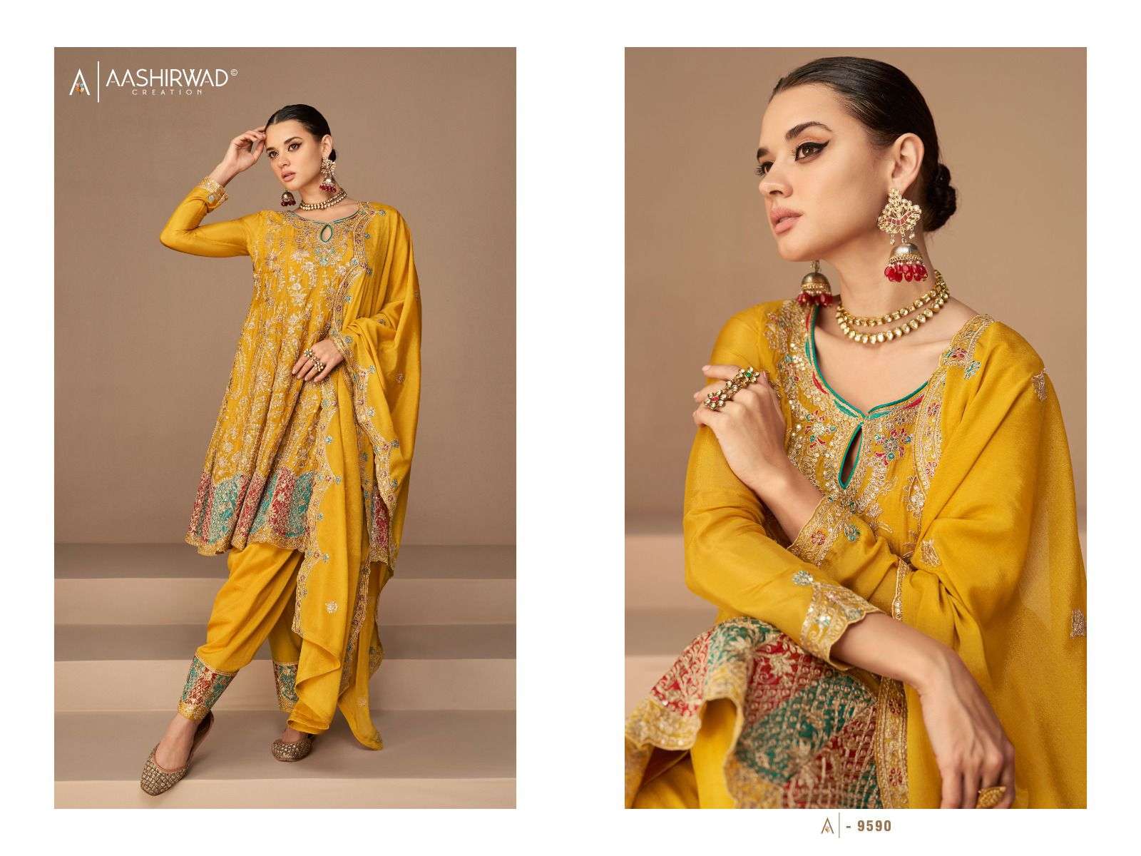 Heena By Aashirwad Creation 9587 To 9591 Series Beautiful Suits Colorful Stylish Fancy Casual Wear & Ethnic Wear Chinnon Silk Dresses At Wholesale Price