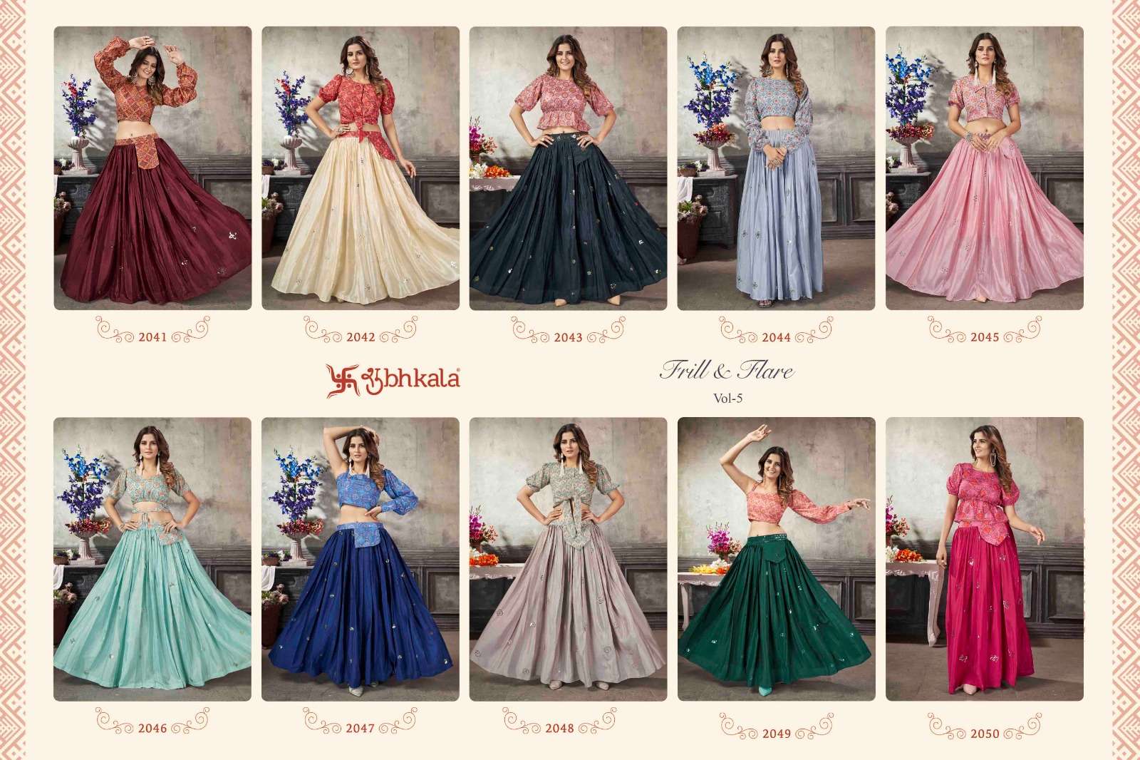Frill And Flare Vol-5 By Shubhkala 2041 To 2050 Series Designer Stylish Fancy Colorful Beautiful Party Wear & Ethnic Wear Collection Art Silk Tops With Skirt At Wholesale Price