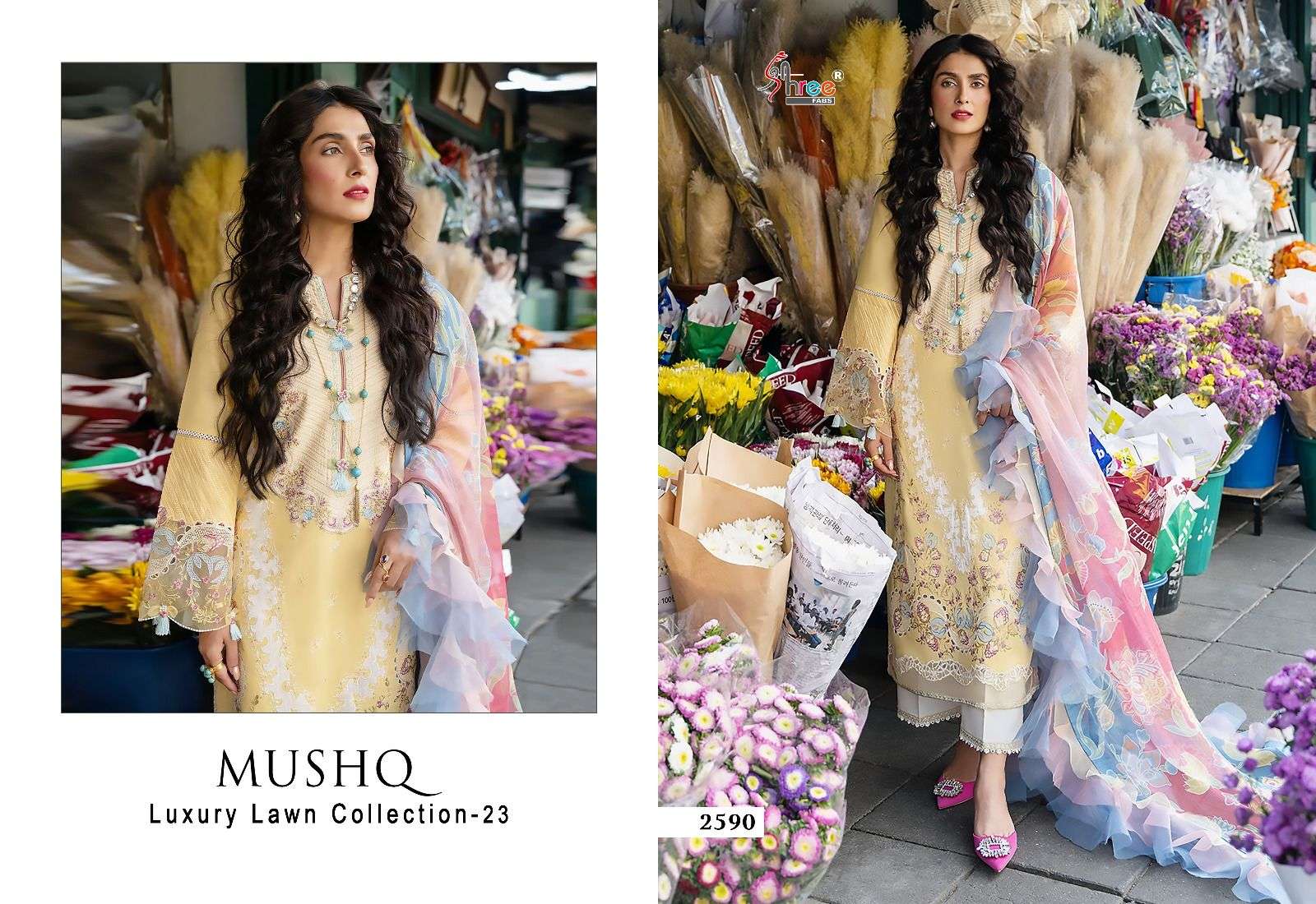 Mushq Luxury Lawn Collection-23 By Shree Fabs 2590 To 2595 Series Beautiful Pakistani Suits Colorful Stylish Fancy Casual Wear & Ethnic Wear Cotton Embroidered Dresses At Wholesale Price
