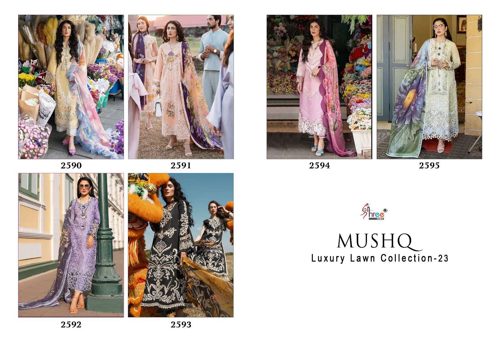 Mushq Luxury Lawn Collection-23 By Shree Fabs 2590 To 2595 Series Beautiful Pakistani Suits Colorful Stylish Fancy Casual Wear & Ethnic Wear Cotton Embroidered Dresses At Wholesale Price