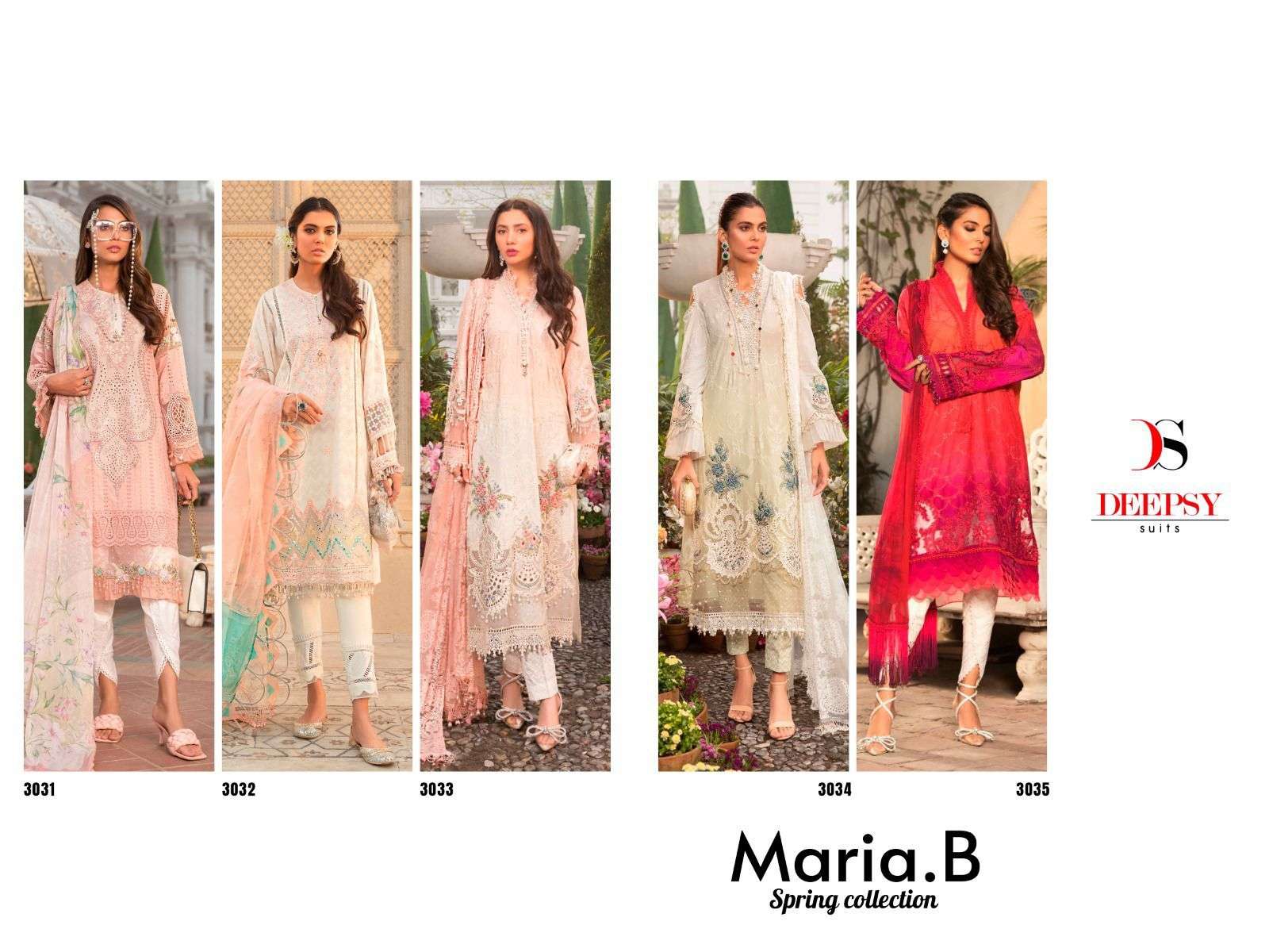 Maria.B Spring Collection By Deepsy Suits 3031 To 3035 Series Designer Pakistani Suits Collection Beautiful Stylish Fancy Colorful Party Wear & Occasional Wear Pure Cotton Embroidered Dresses At Wholesale Price