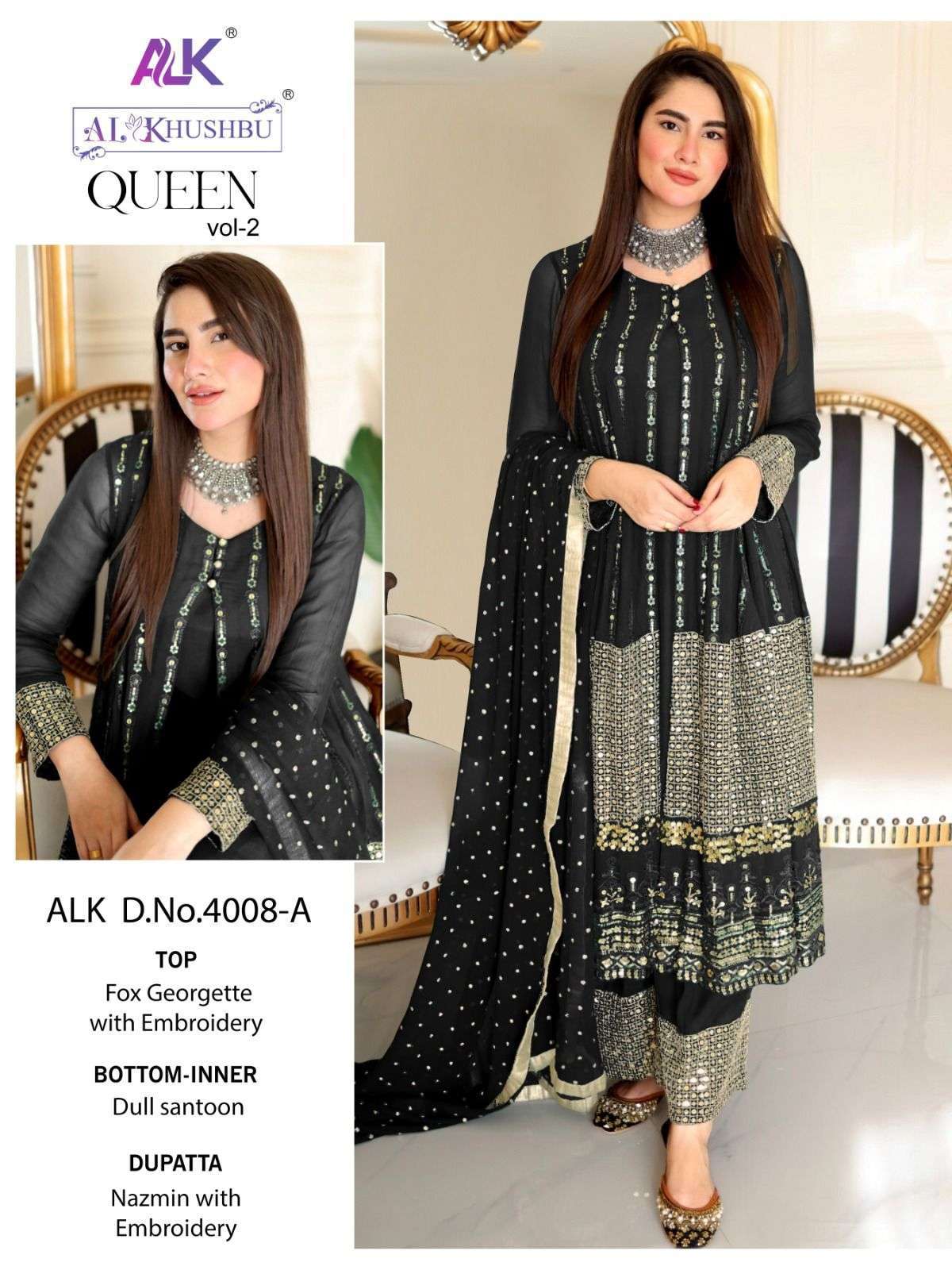 Queen Vol-2 By Al Khushbu 4008-A To 4008-D Series Beautiful Pakistani Suits Colorful Stylish Fancy Casual Wear & Ethnic Wear Faux Georgette Embroidered Dresses At Wholesale Price